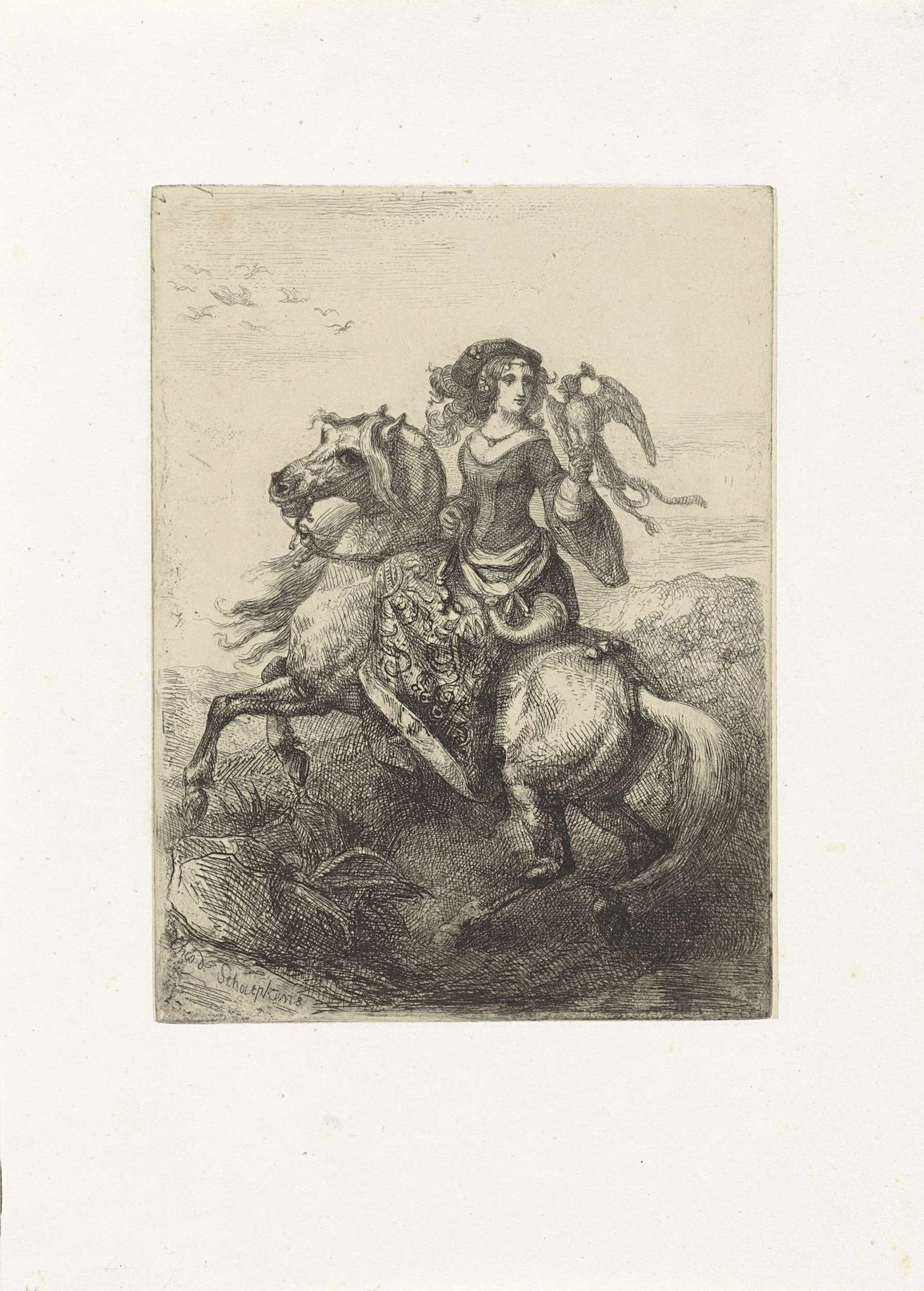 Dame te paard met valk op de hand by Theodoor Schaepkens
