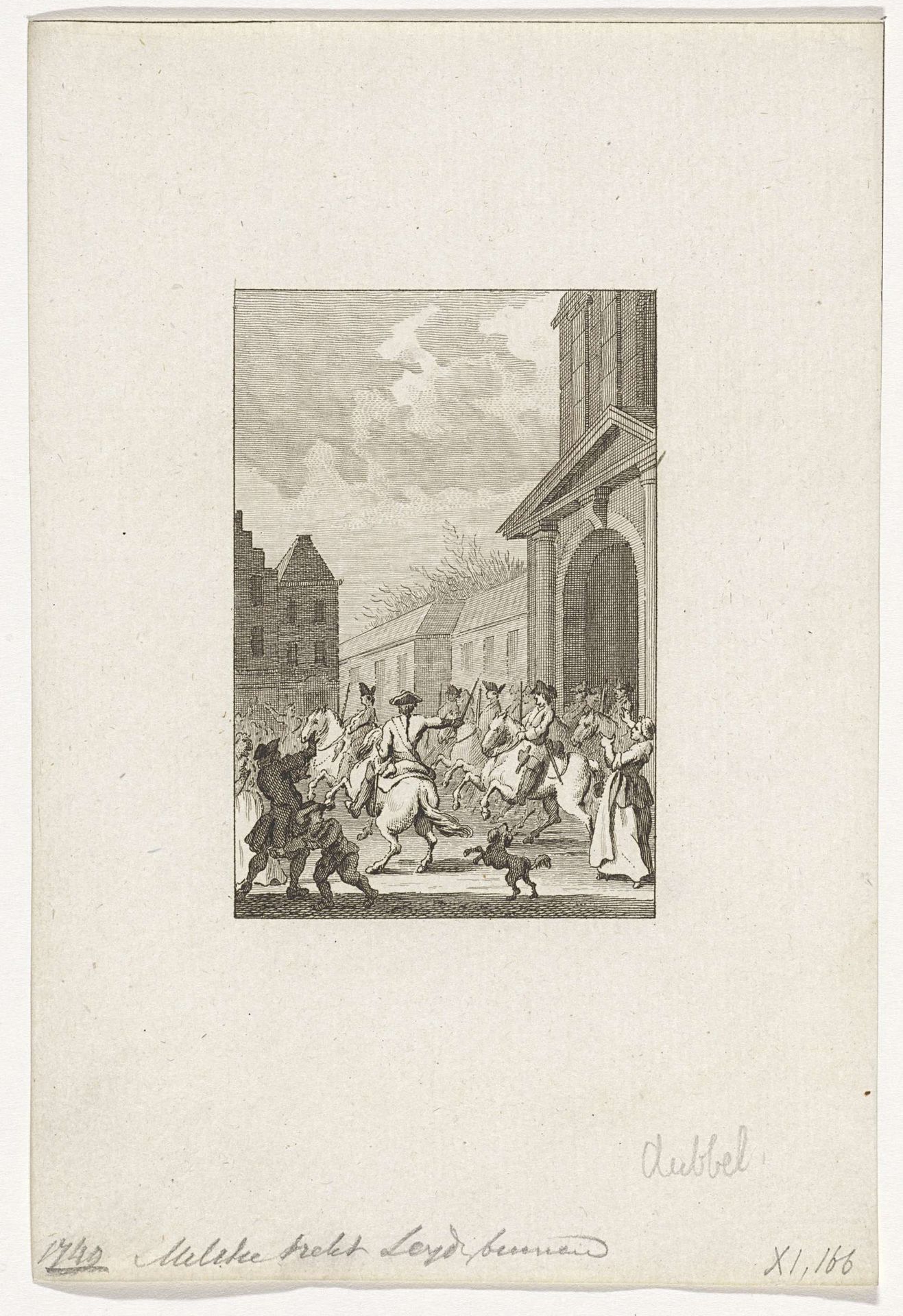 Dragonders trekken door de Witte Poort Leiden in, 1748 by Reinier Vinkeles