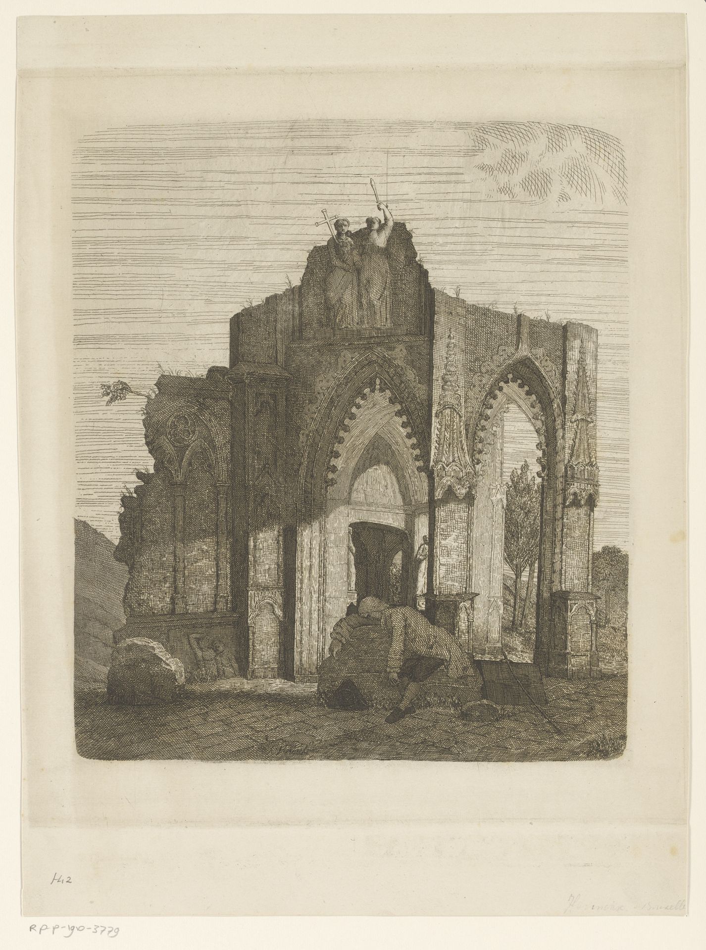 Ruïne met op de voorgrond een man hangend over een steen by F. Herinck
