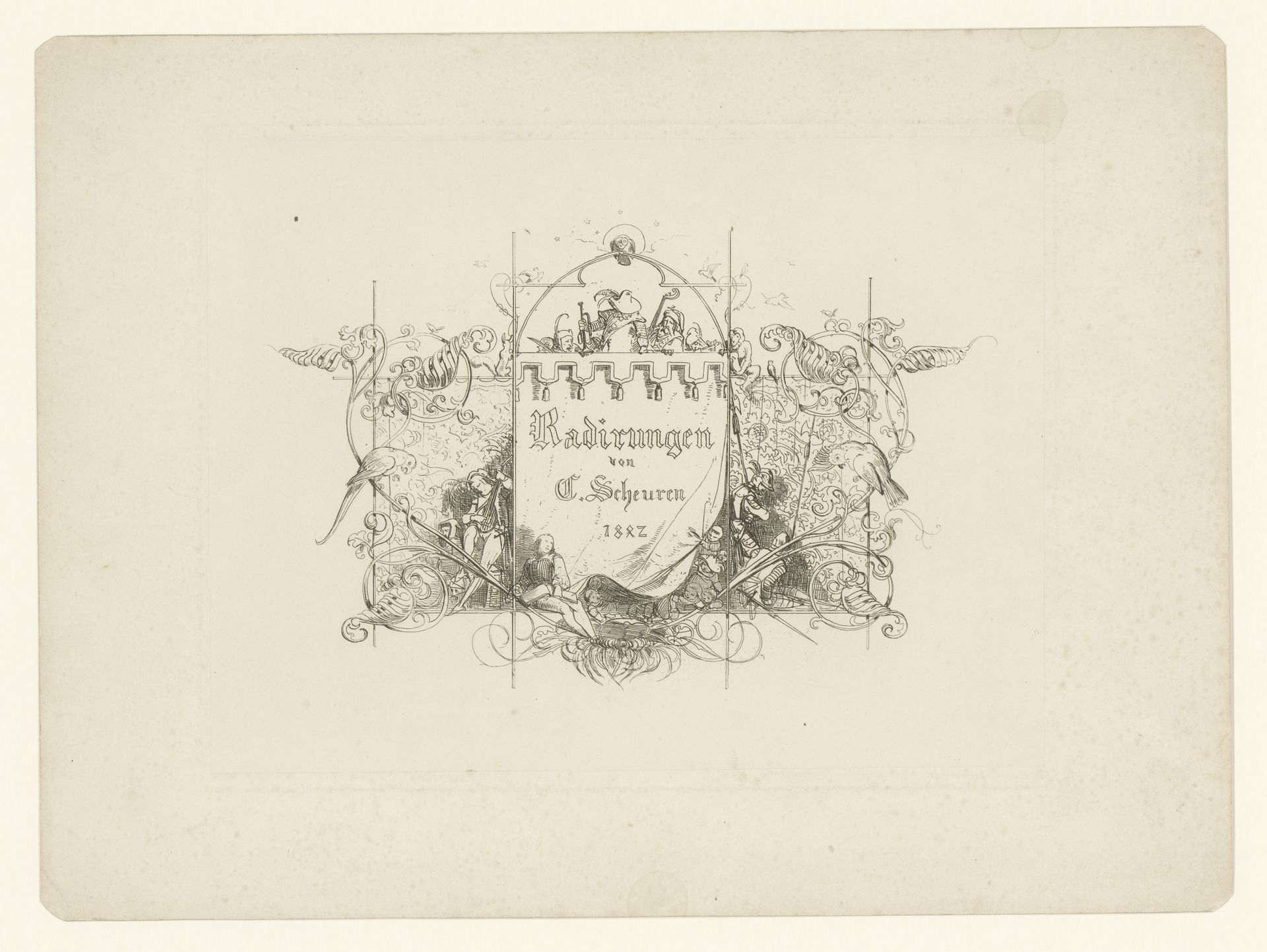 Titelprent met middeleeuwse figuren en papagaaien by Johann Caspar Nepomuk Scheuren