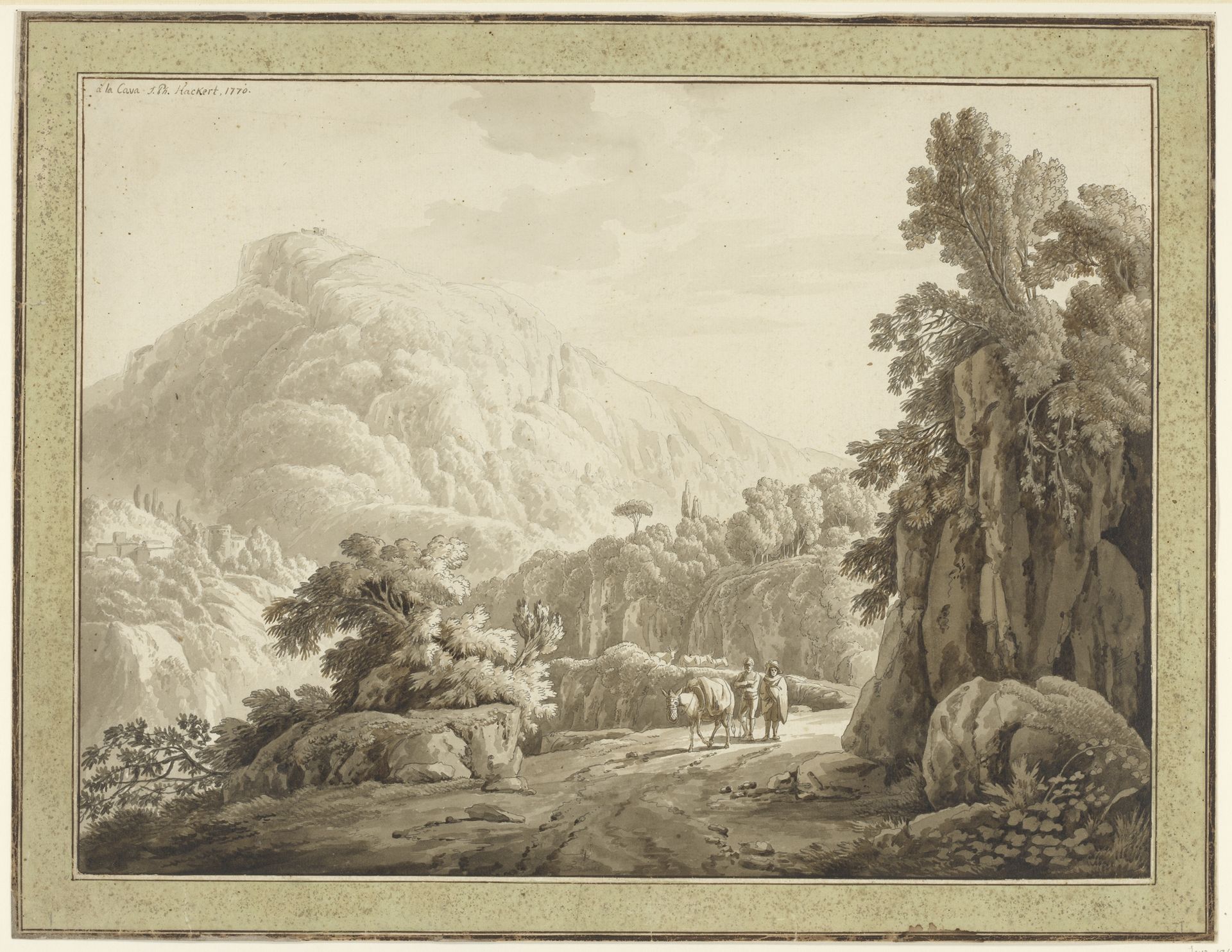 Romeins landschap met bergweg waarop twee mannen met een muilezel by Jacob Philipp Hackert