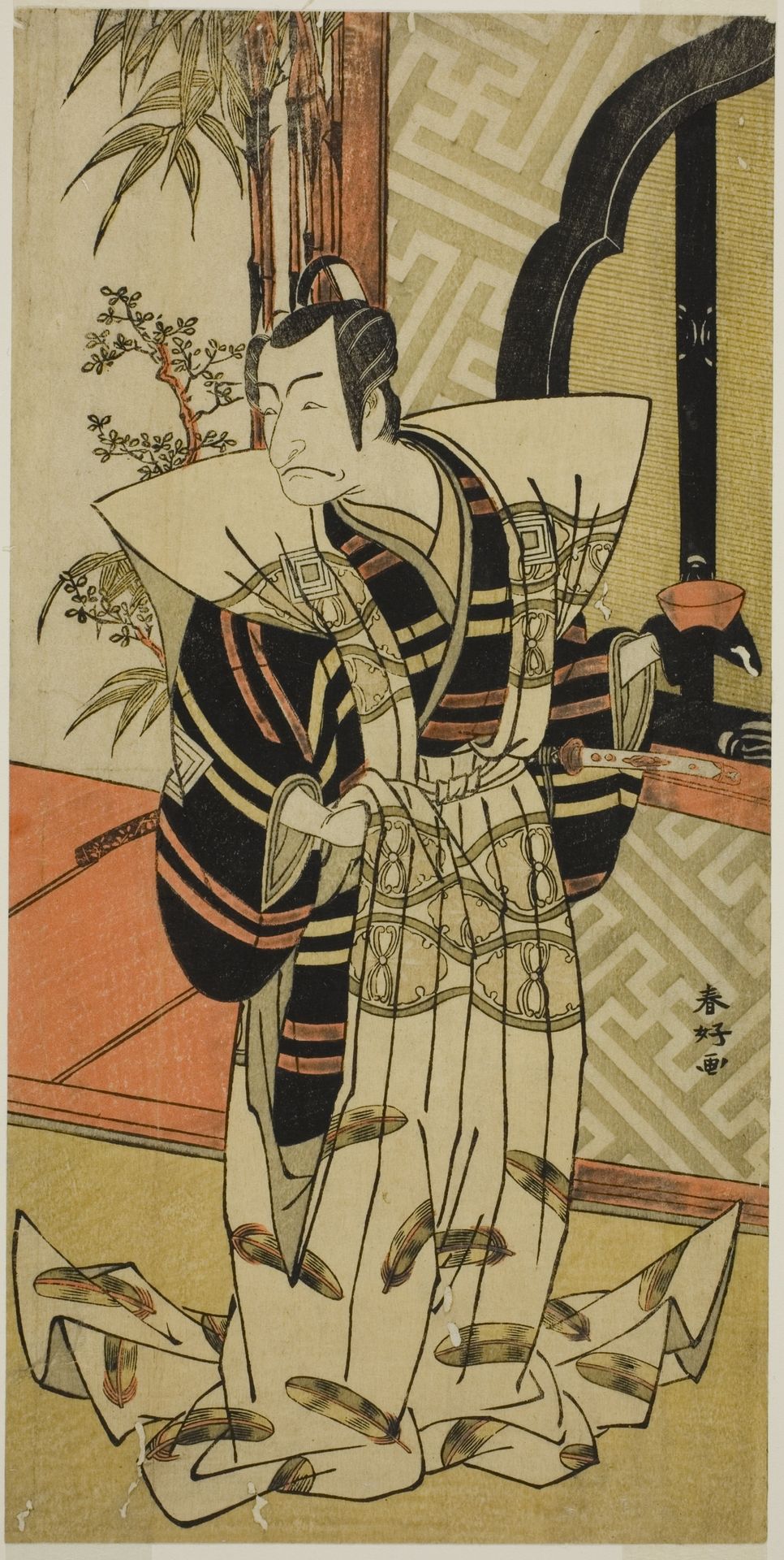 The Actor Ichikawa Danjuro V as Kajiwara Heiji (?) in the Play Hiragana Seisuiki (?), Performed at the Morita Theater (?) in the Third Month, 1776 (?) by Katsukawa Shunkō