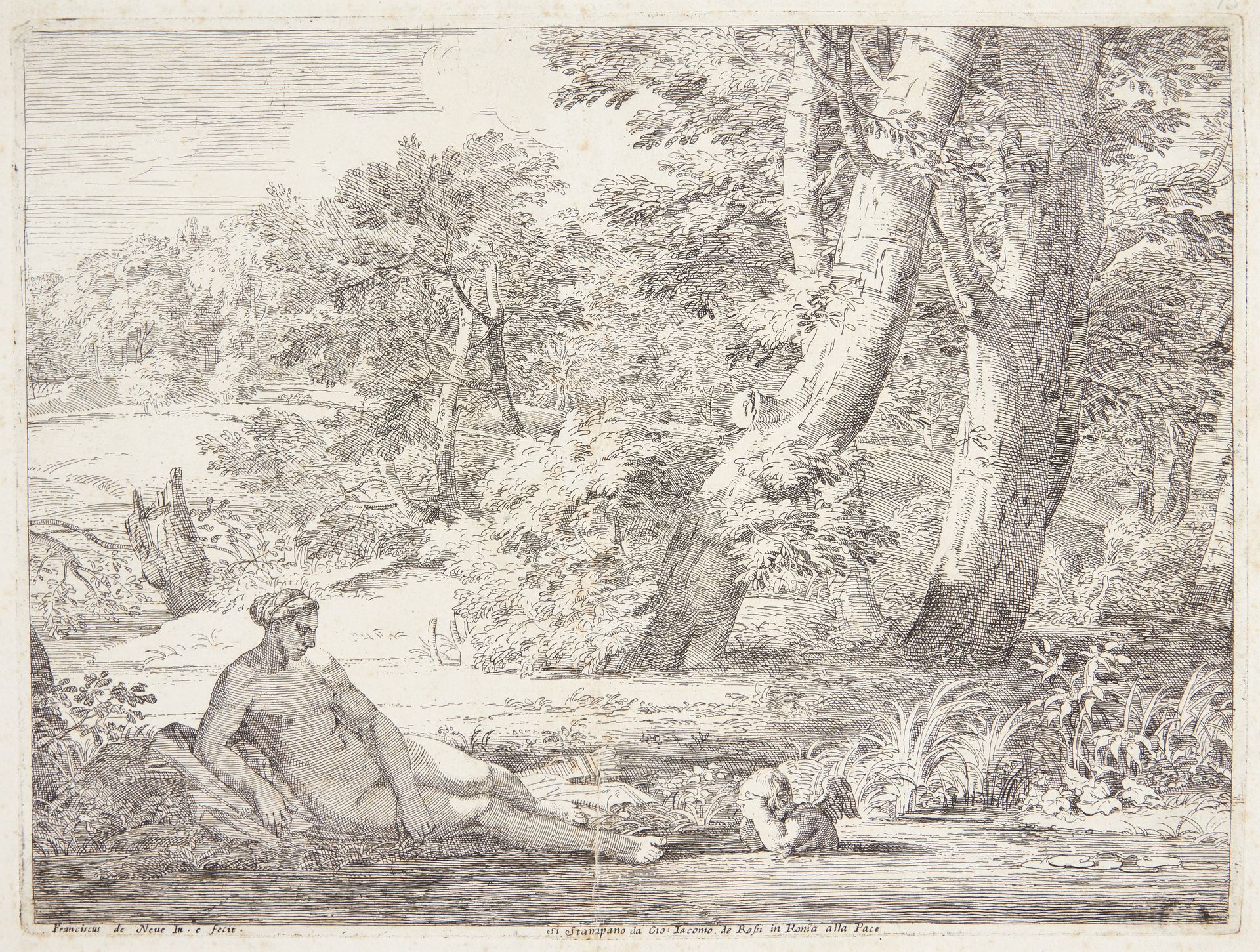 Venus og Amor ved en skovsø by Franciscus de Neve