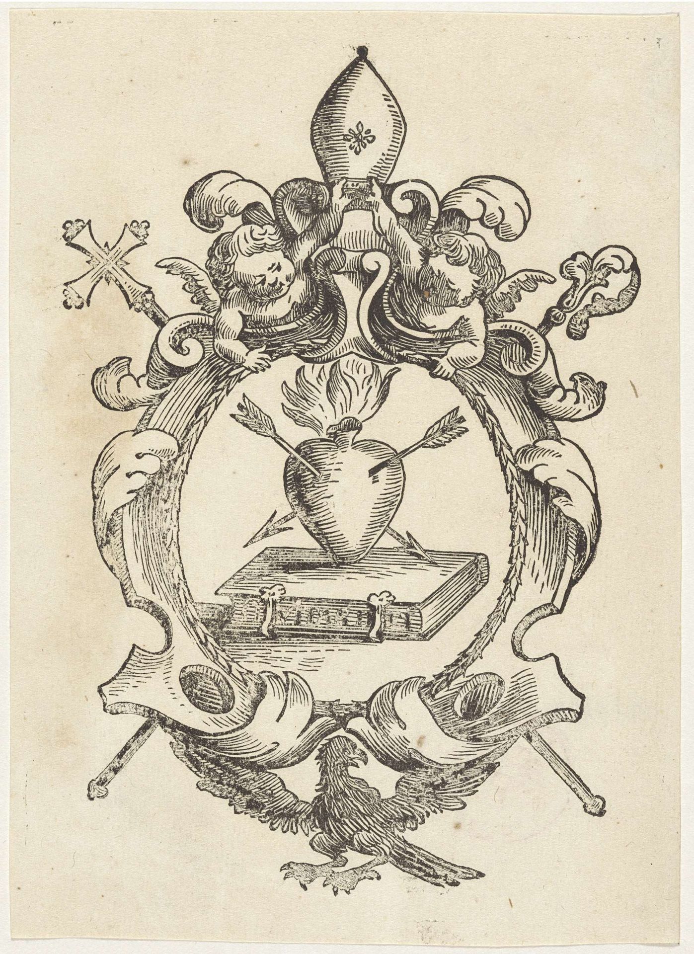 Brandend hart met pijlen in een geornamenteerd ovaal met putti en een vogel by Anonymous