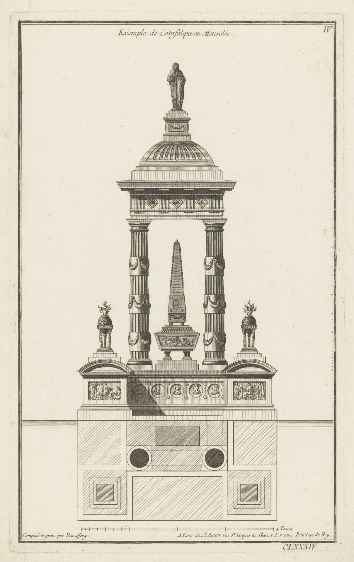 Katafalk met obelisk en rookvaten by Jean François de Neufforge