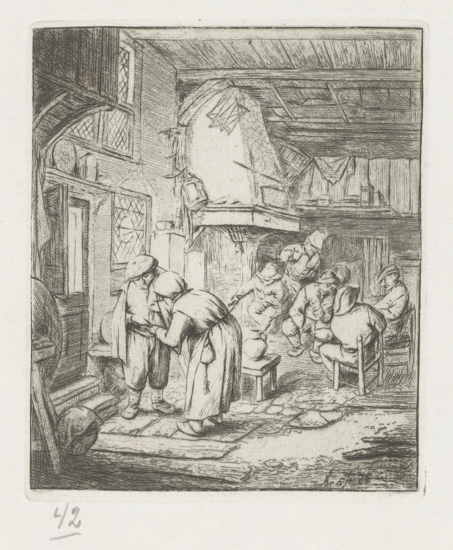 Man betaalt zijn kosten aan vrouw in een herberg by Adriaen van Ostade