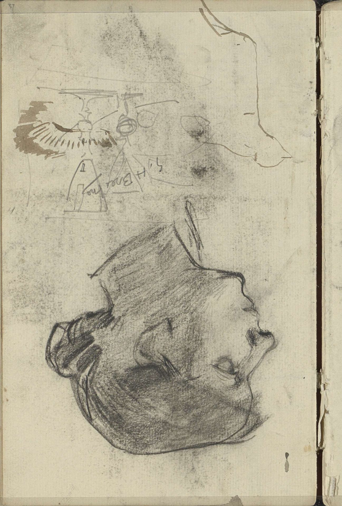 Studieblad met een vrouwenhoofd, een kat en twee wijnglazen by George Hendrik Breitner