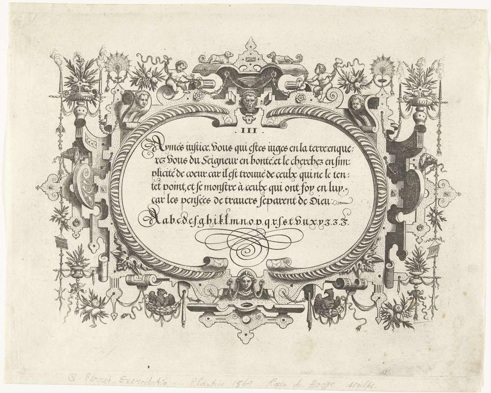 Cartouche met kalligrafie, erboven liggen twee honden by Johannes of Lucas van Doetechum