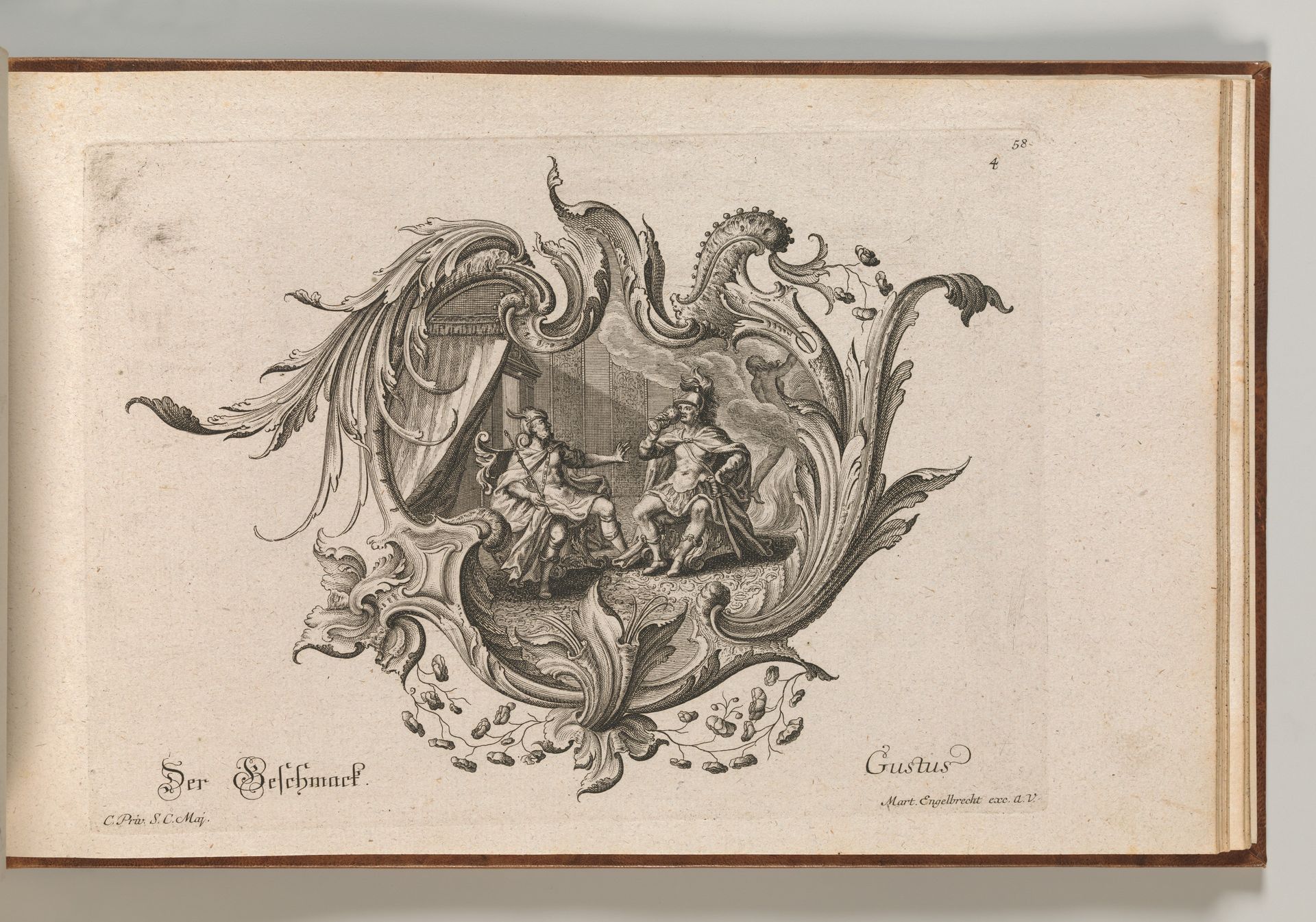 Design for a Cartouche and a Representation of 'Taste', Plate 4 from 'Neu Inventierte auf die artigste Facon Sehr nutzliche Schild.' by Johann Georg Pintz