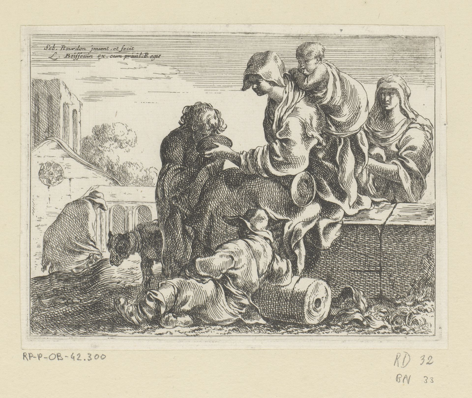 Rustende reizigers voor een dorp by Sebastien Bourdon