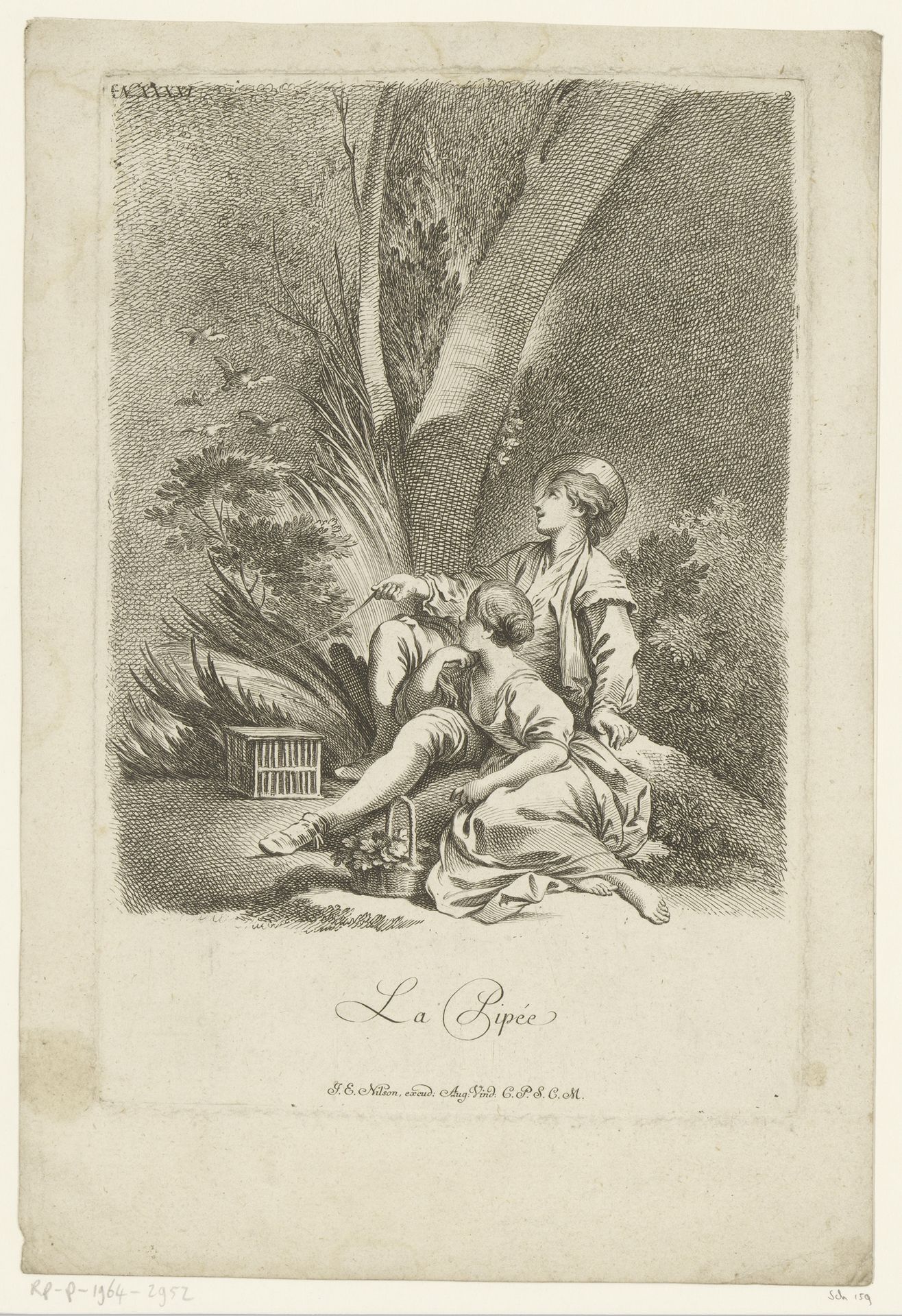 Jong stel vogelkooi in een bos by Johann Esaias Nilson