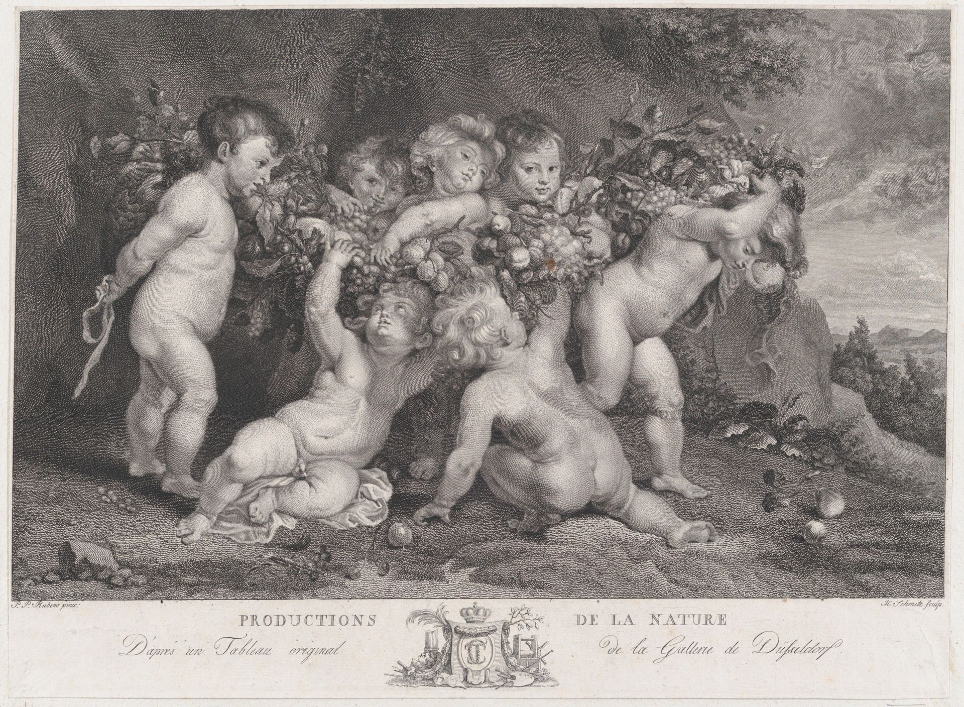 Seven putti carrying a garland of fruit by Heinrich Schmitz
