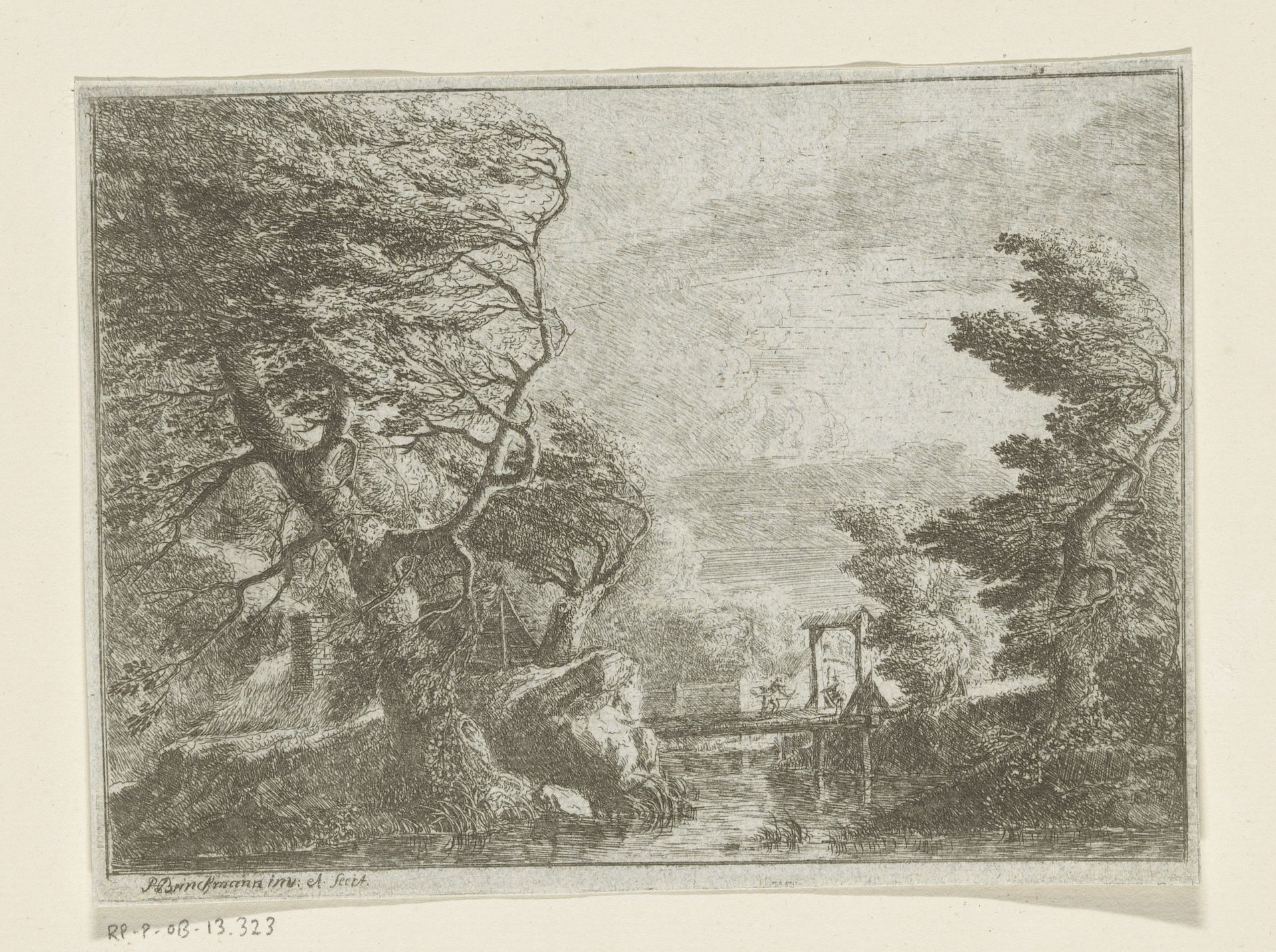 Stormachtig landschap met bomen naast een brug over een rivier by Philipp Hieronymus Brinckmann