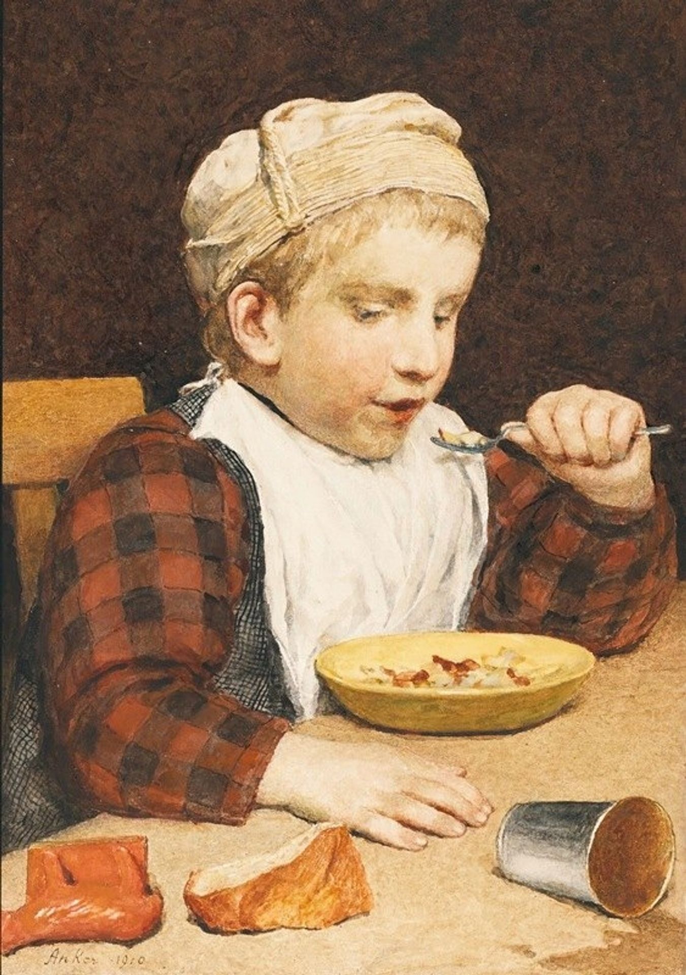 Knabe Mit Mütze Beim Essen by Albrecht Anker