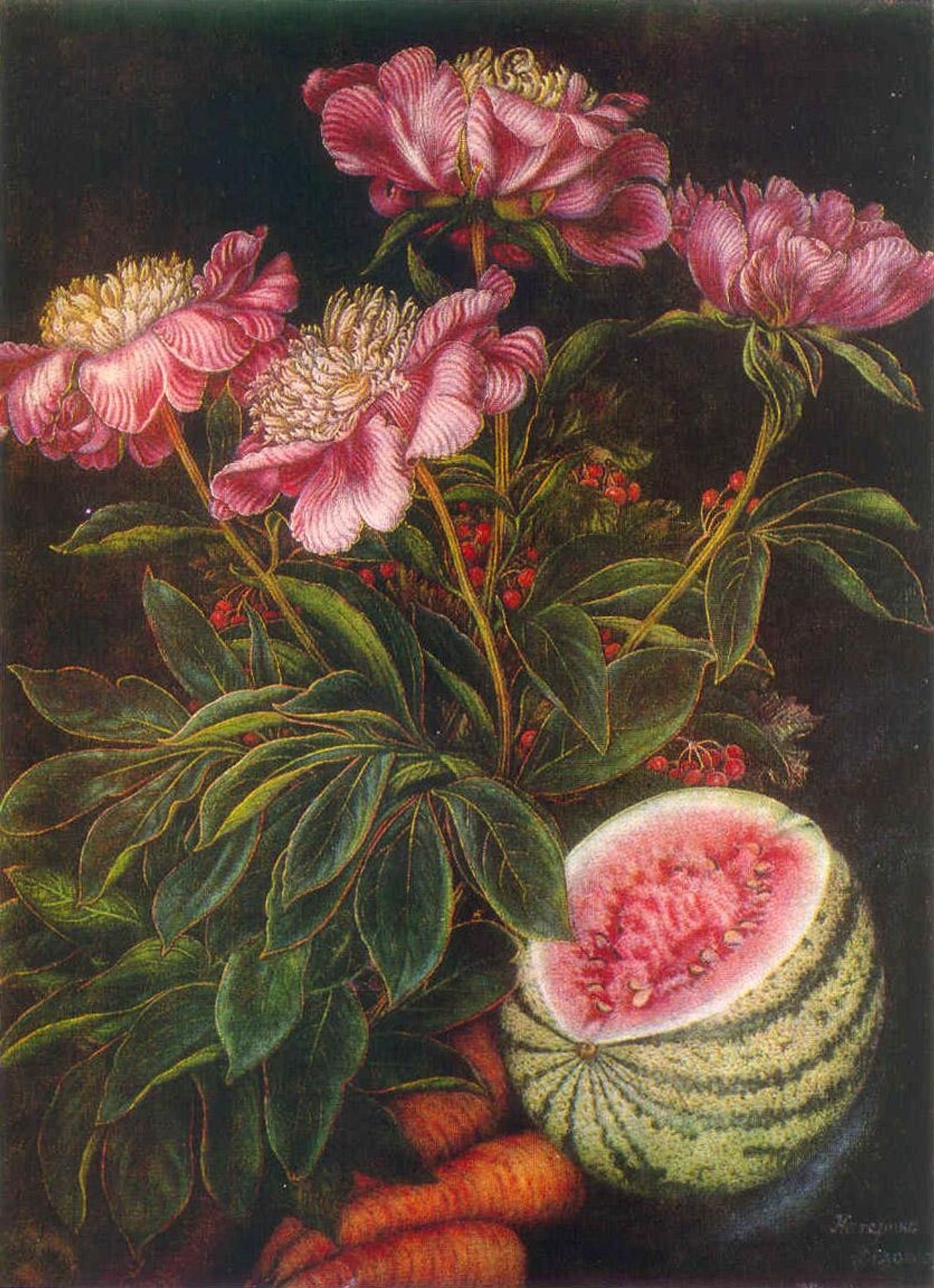 Still life "Watermelon, carrots, flowers" by Kateryna Bilokur