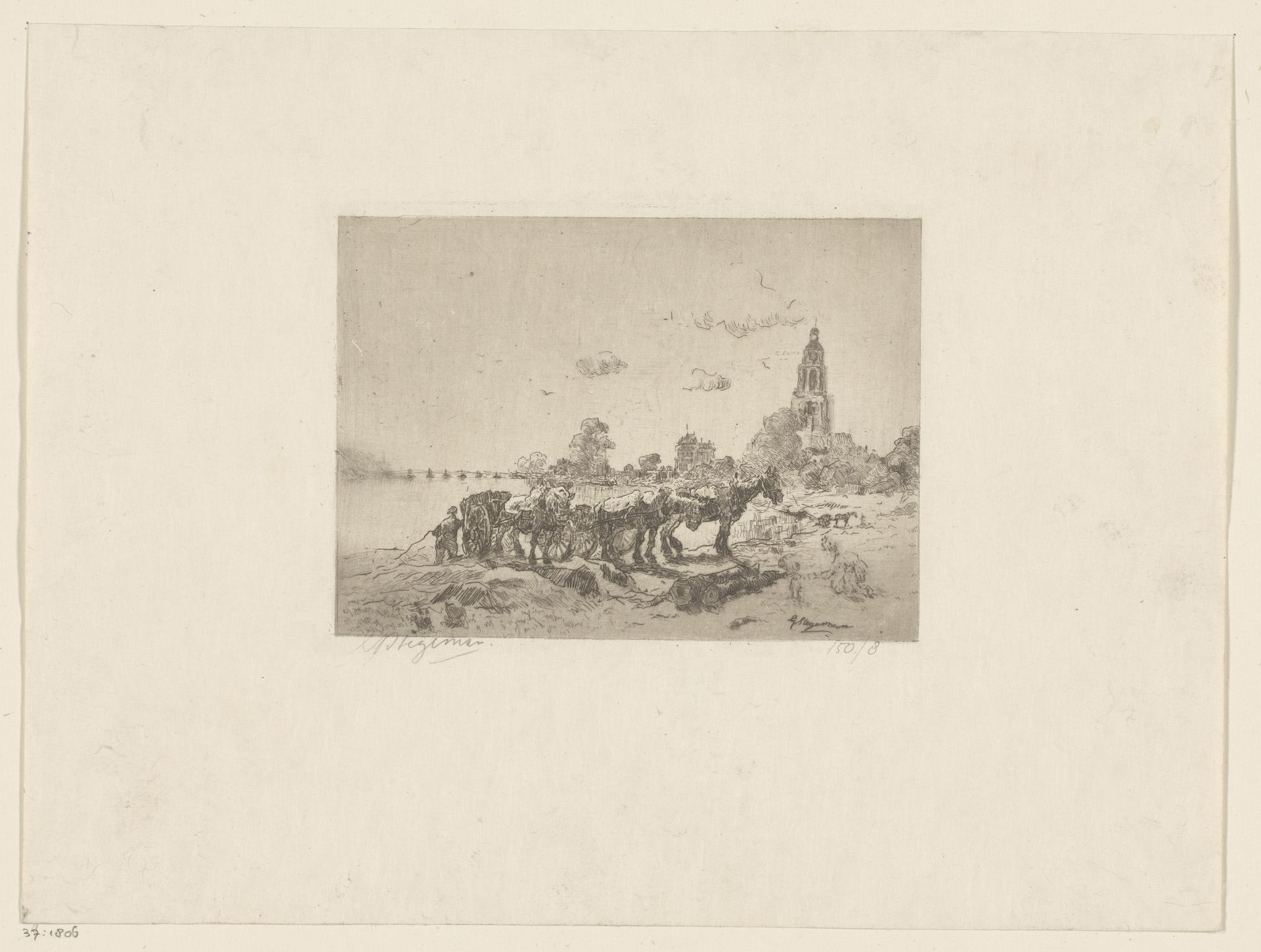 Gezicht op Rhenen met paard-en-wagens by Gert Stegeman