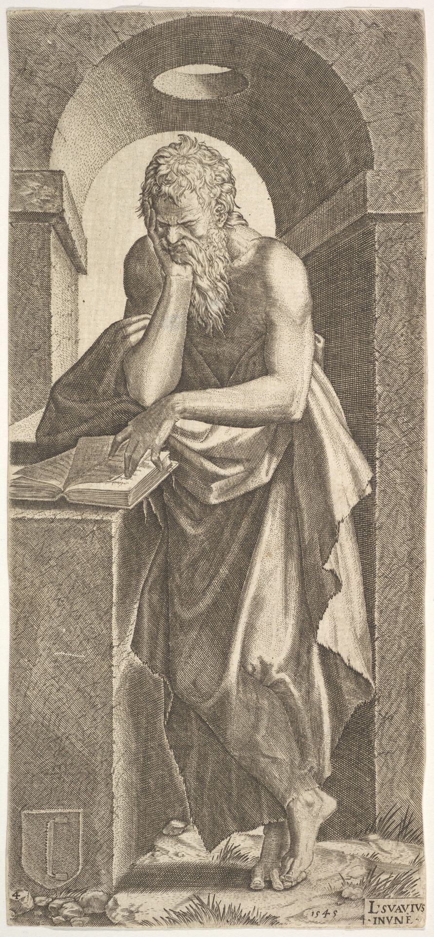St. Simon standing before an open book with the fingers of his left hand pressed onto the pages, his chin resting in his right hand, a shallow barrel vault with oculus beyond, from "Christ and the Twelve Apostles" by Lambert Suavius
