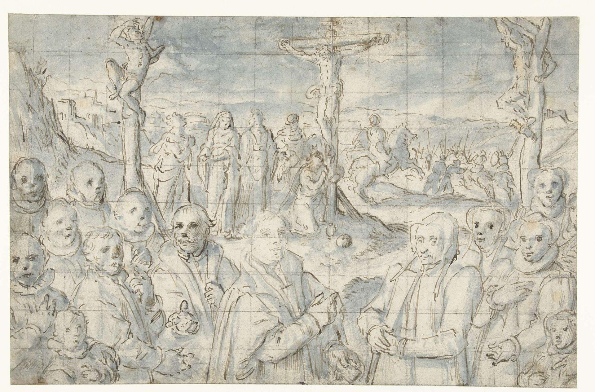 Kruisiging met een stichter en zijn familie by Aert Pietersz.