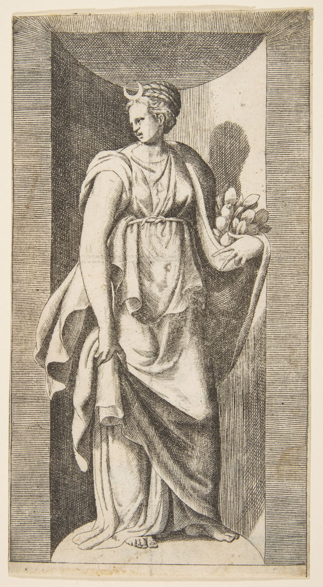 Diana holding fruit in her left hand standing within a niche by Giulio Bonasone