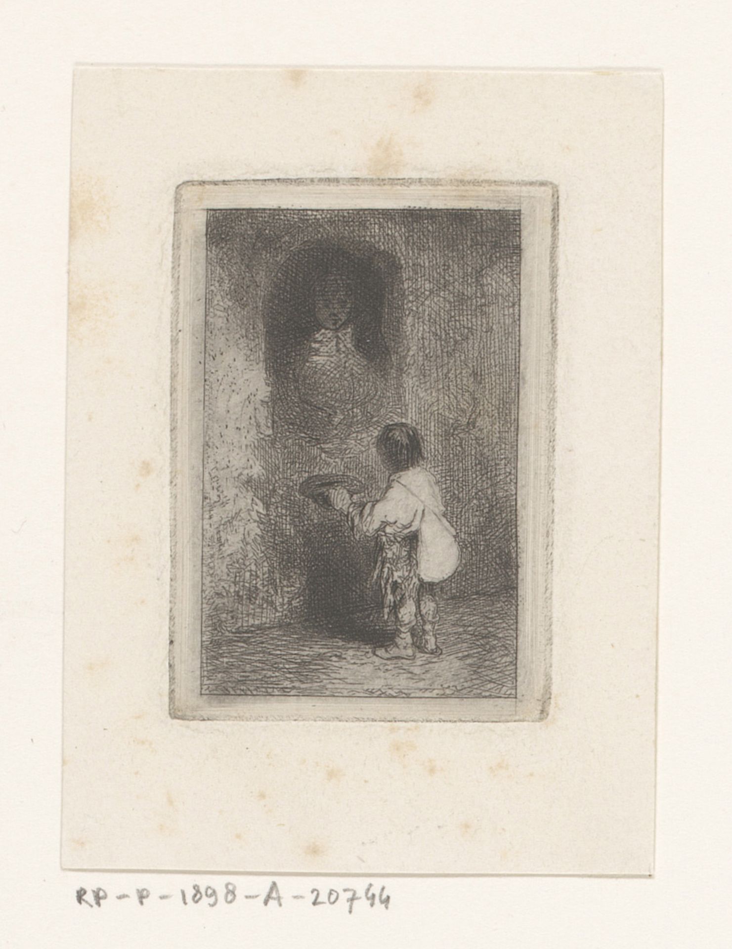 Jonge bedelaar staand voor een man in een venster by Charles Jacque