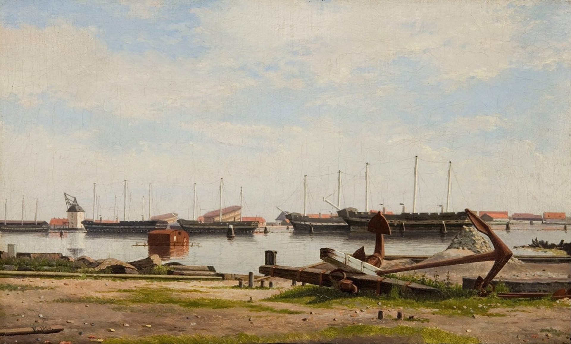 Parti af Nyholm med kranen og nogle krigsskibe by Christoffer Wilhelm Eckersberg