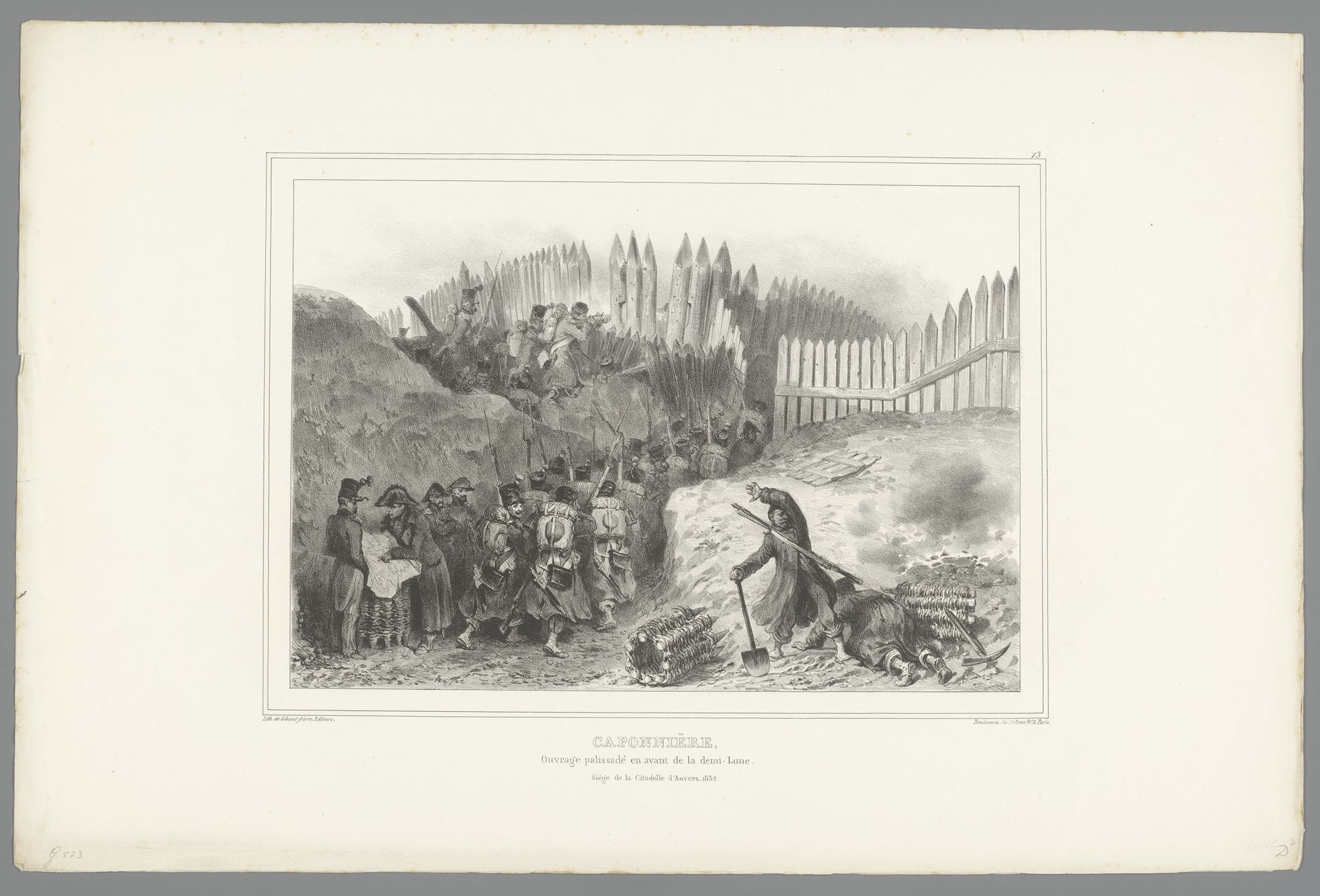 Groep soldaten trekt door een opening in de palissade, 1832 by Auguste Raffet
