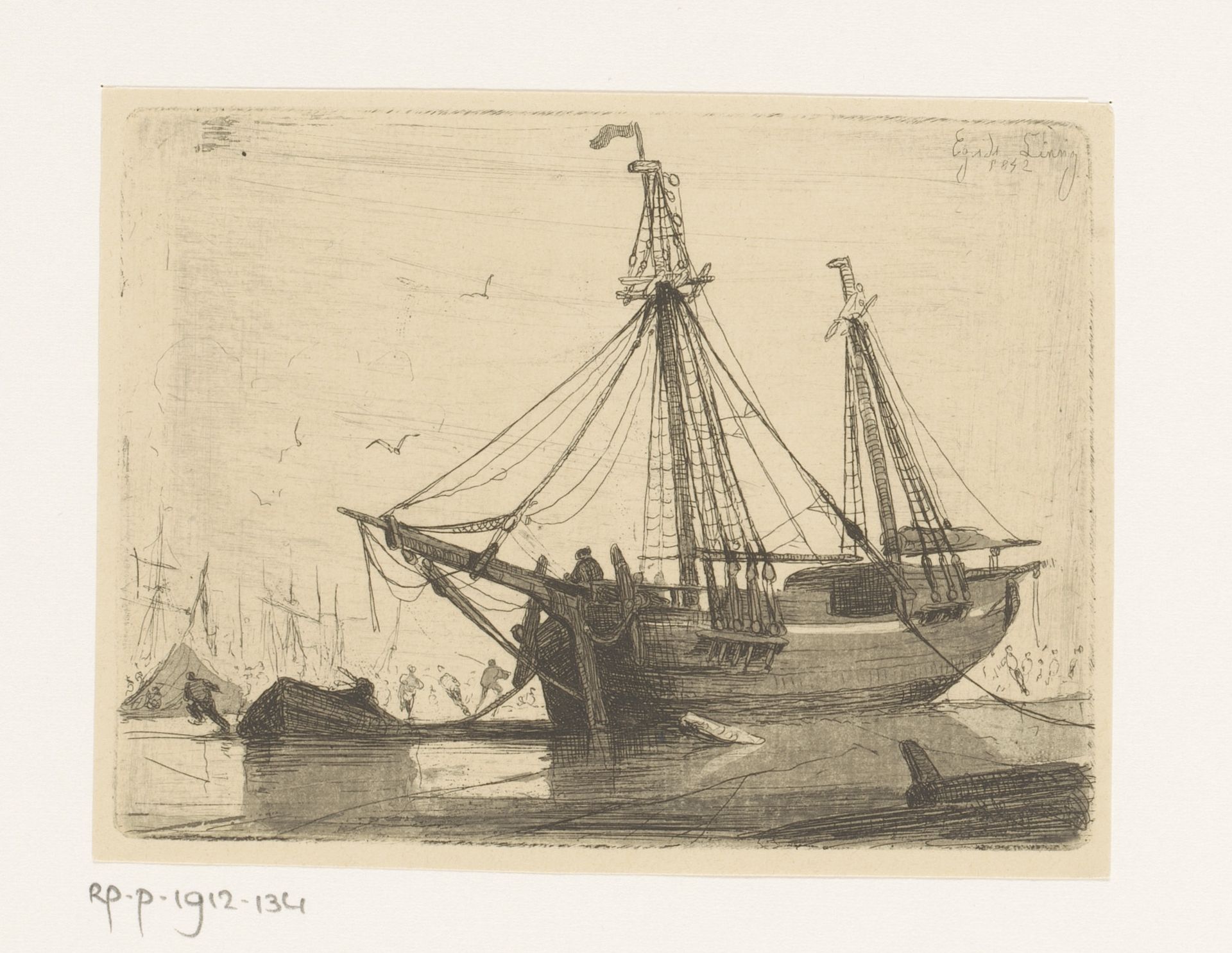 Zeilschip in het winterdok in Antwerpen by Egidius Linnig