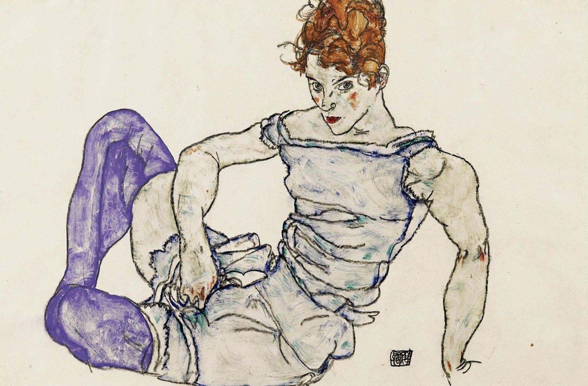 Sitzende Frau Mit Violetten Strümpfen by Egon Schiele