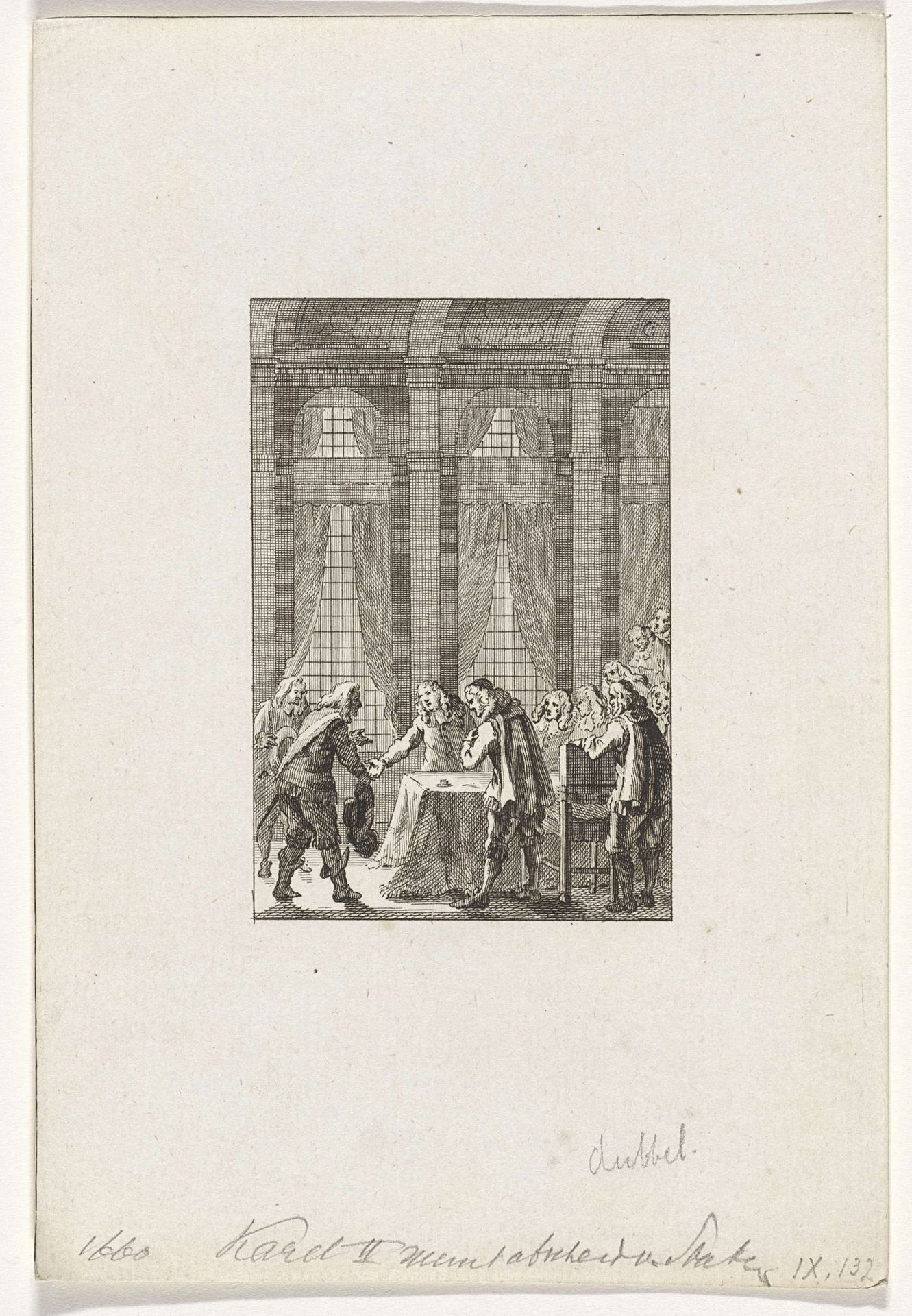 Koning Karel II van Engeland neemt afscheid van de Staten-Generaal, 1660 by Reinier Vinkeles