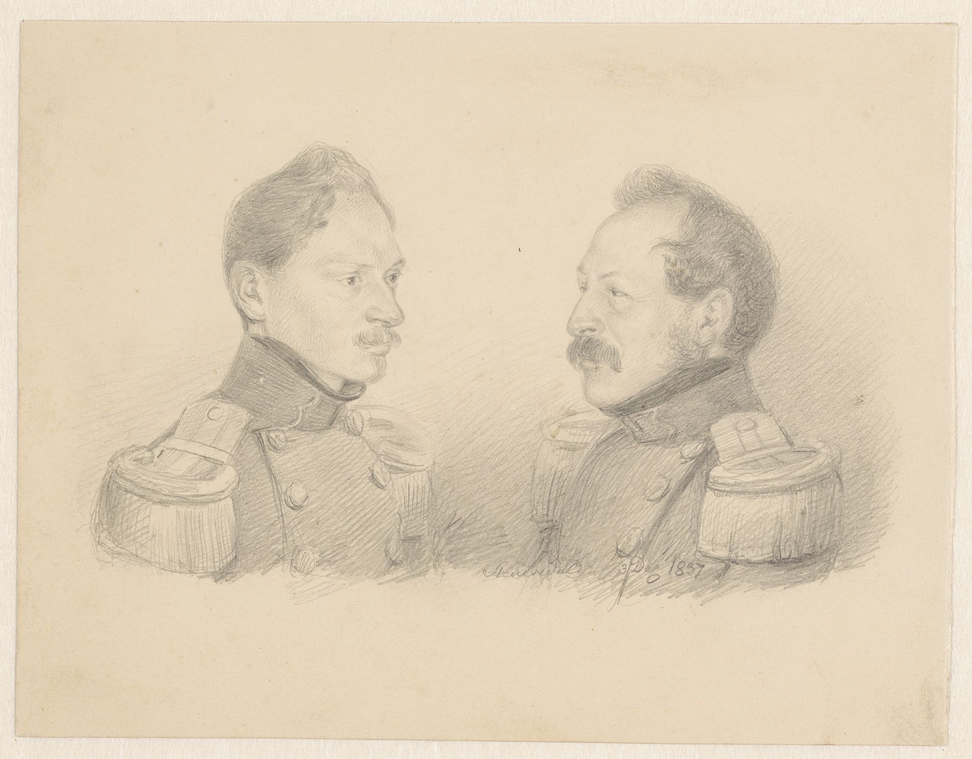 Portret van twee militairen op een blad by Christian Heinrich Gottlieb Steuerwald