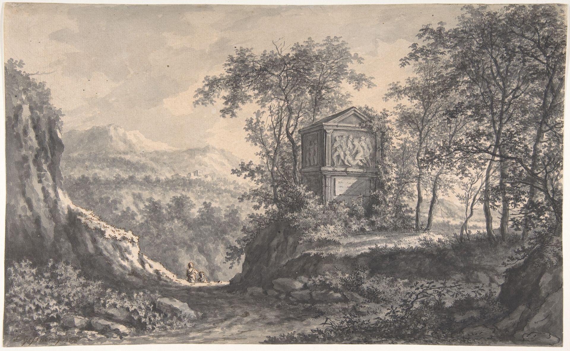 Landscape with an Antique Tomb and Two Wayfarers by Salomon Gessner