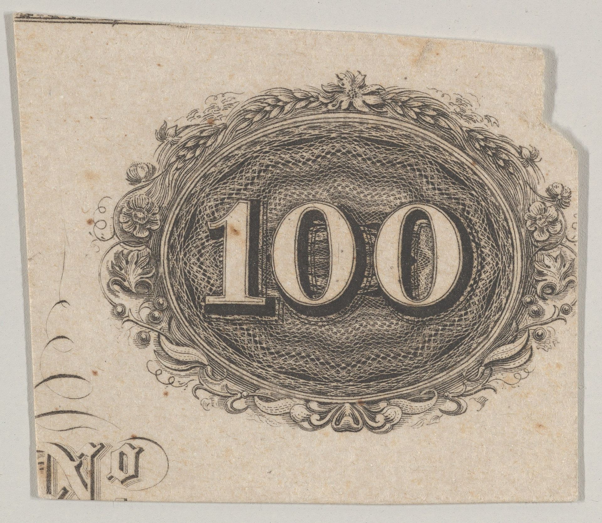 Banknote motif: the number 100 against an ornamental lathe work oval resembling woven rope with a border of grain, flowers and berries by Cyrus Durand