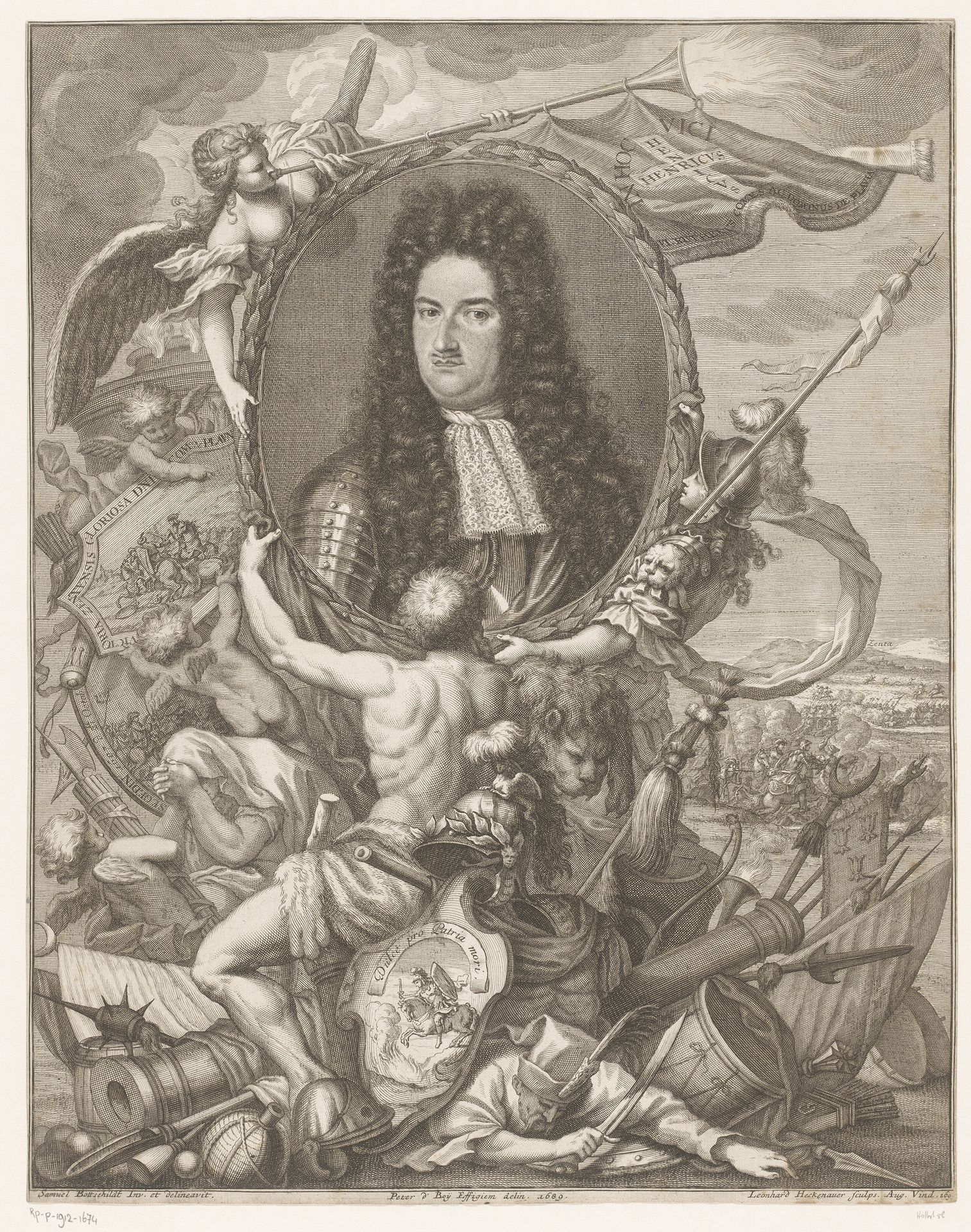 Portret van Eugenius van Savoye gedragen door allegorische figuren by Leonhard Heckenauer