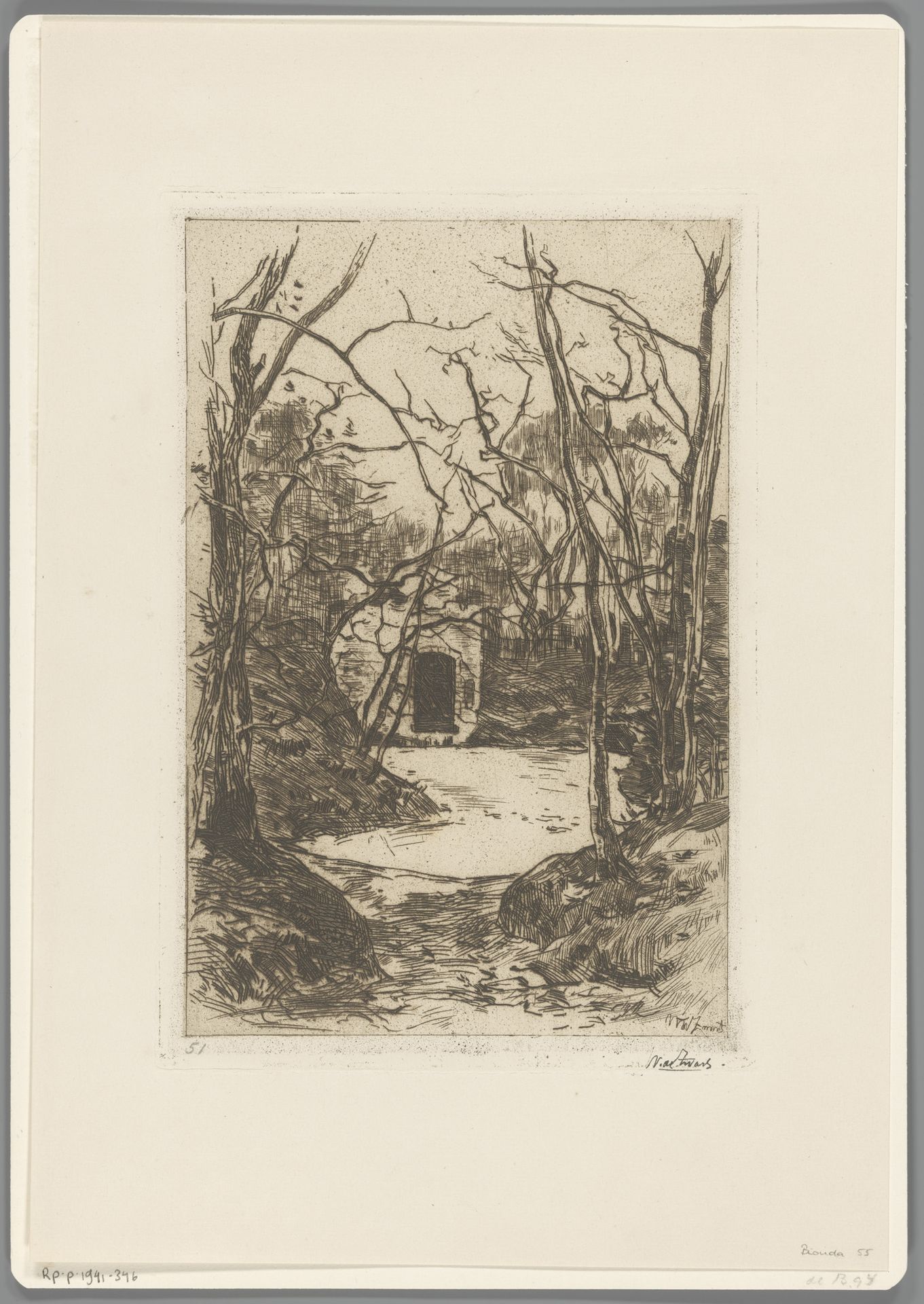 Ruïne in een bos aan een vijver by Willem de Zwart