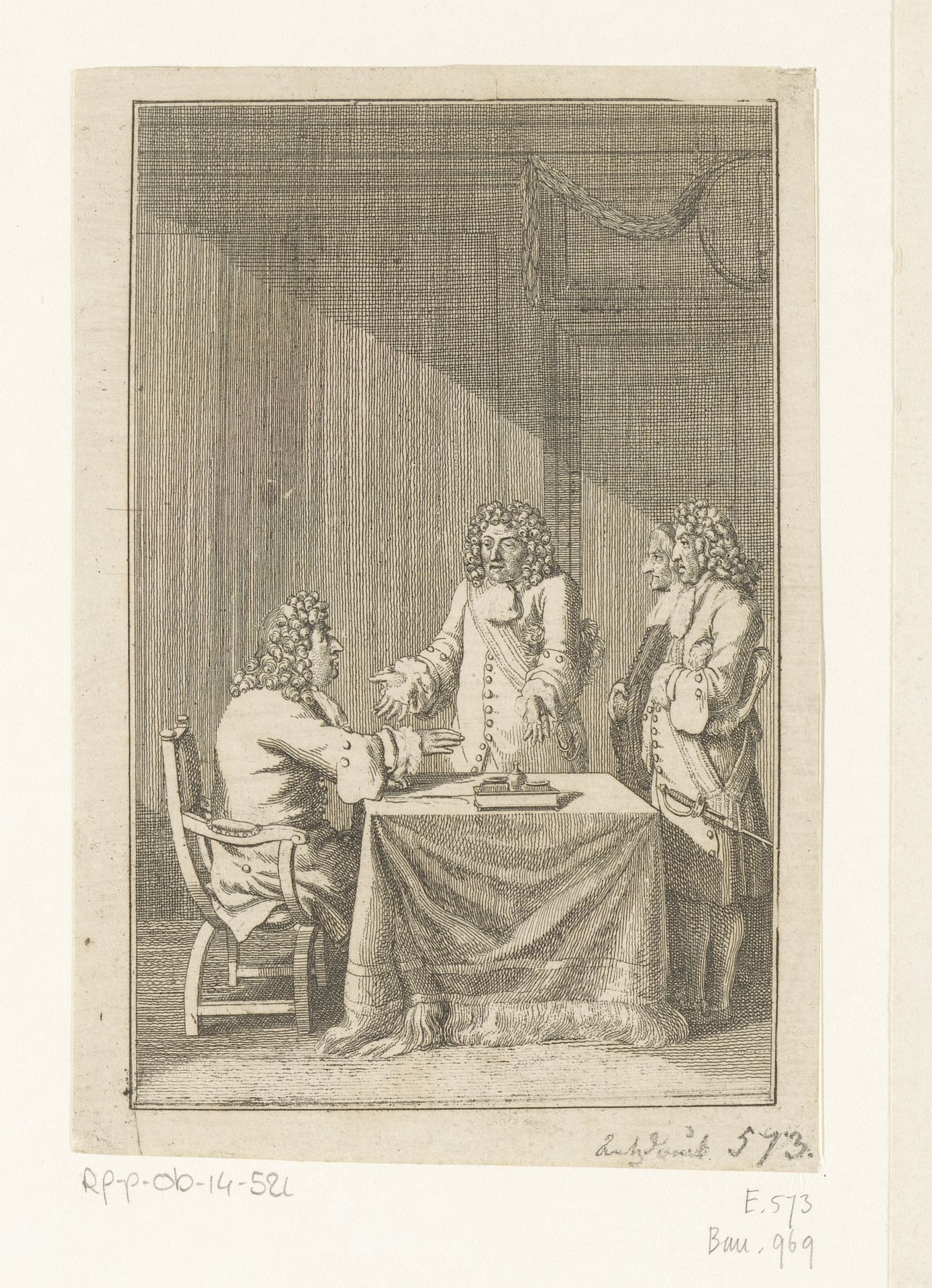 Minister Grumbkow en Gaultier vertellen Friedrich Wilhelm dat de staatskas leeg is by Daniel Nikolaus Chodowiecki
