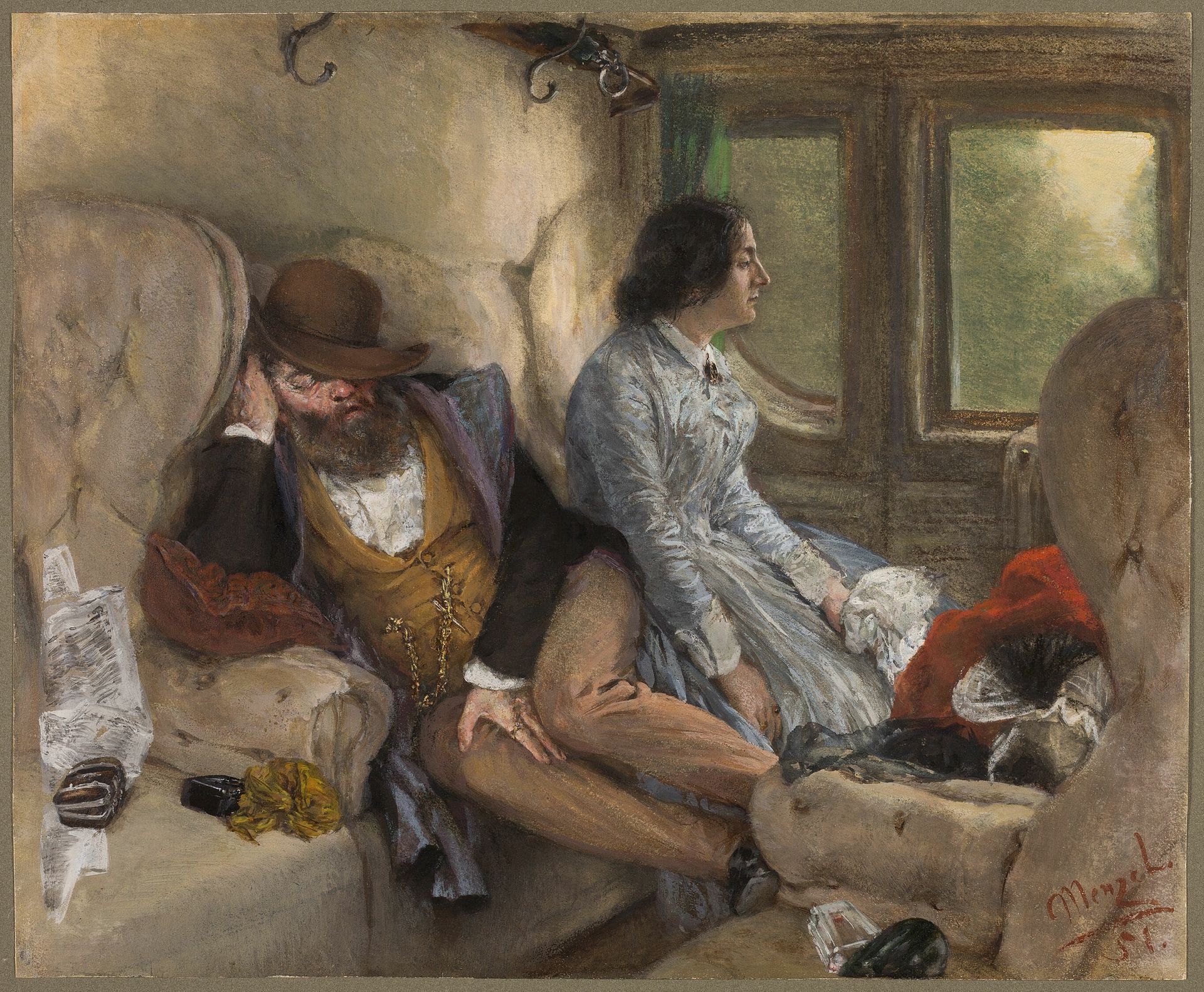 In a Railway Carriage (After a Night's Journey) by Adolph Menzel