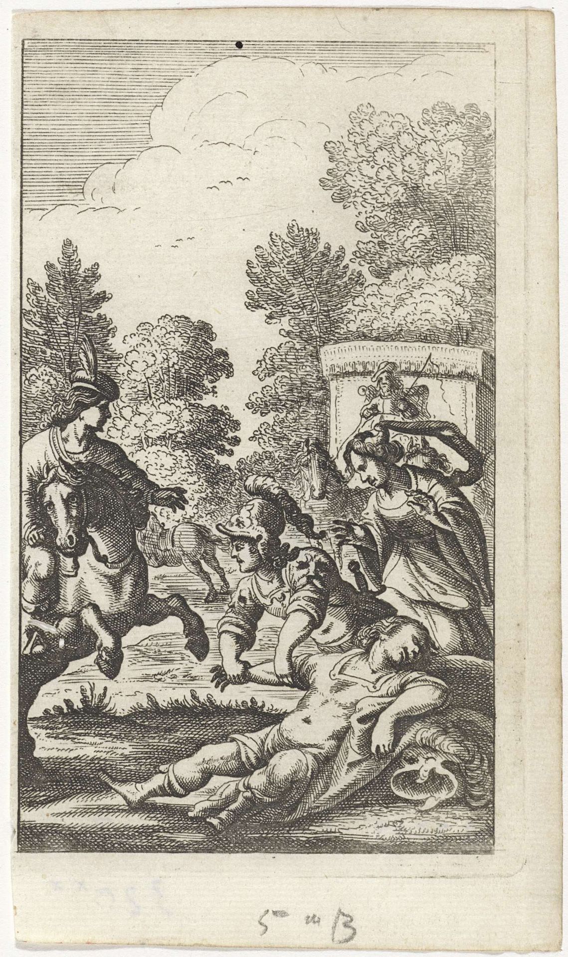 Drie personen rond het lichaam van een soldaat by Abraham Dircksz. Santvoort