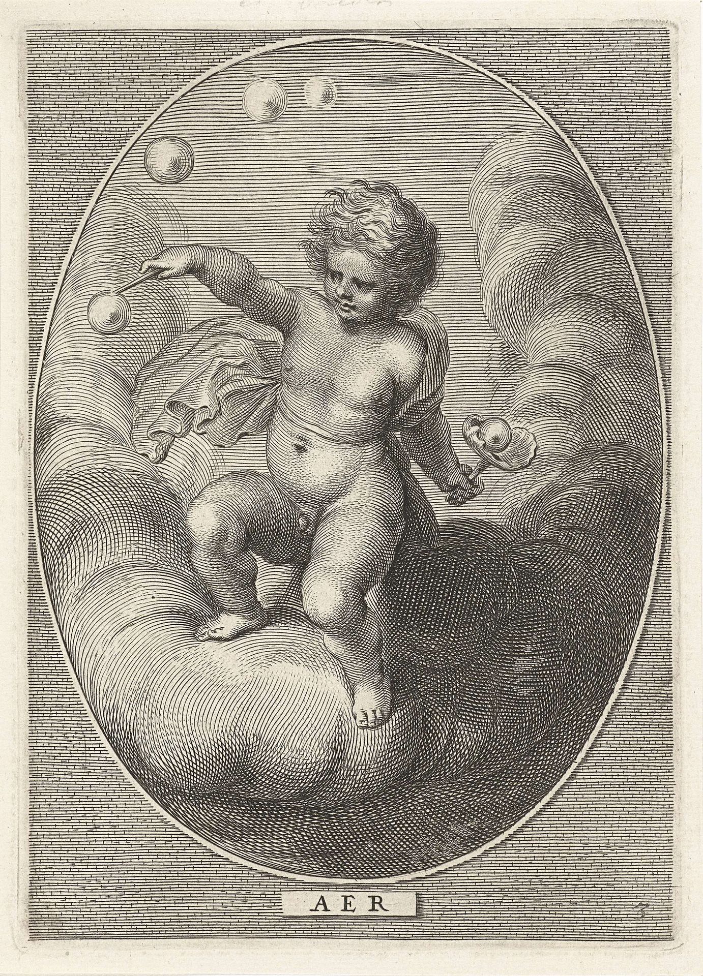 Element lucht als kind dat bellen blaast op wolk by Cornelis van (II) Dalen