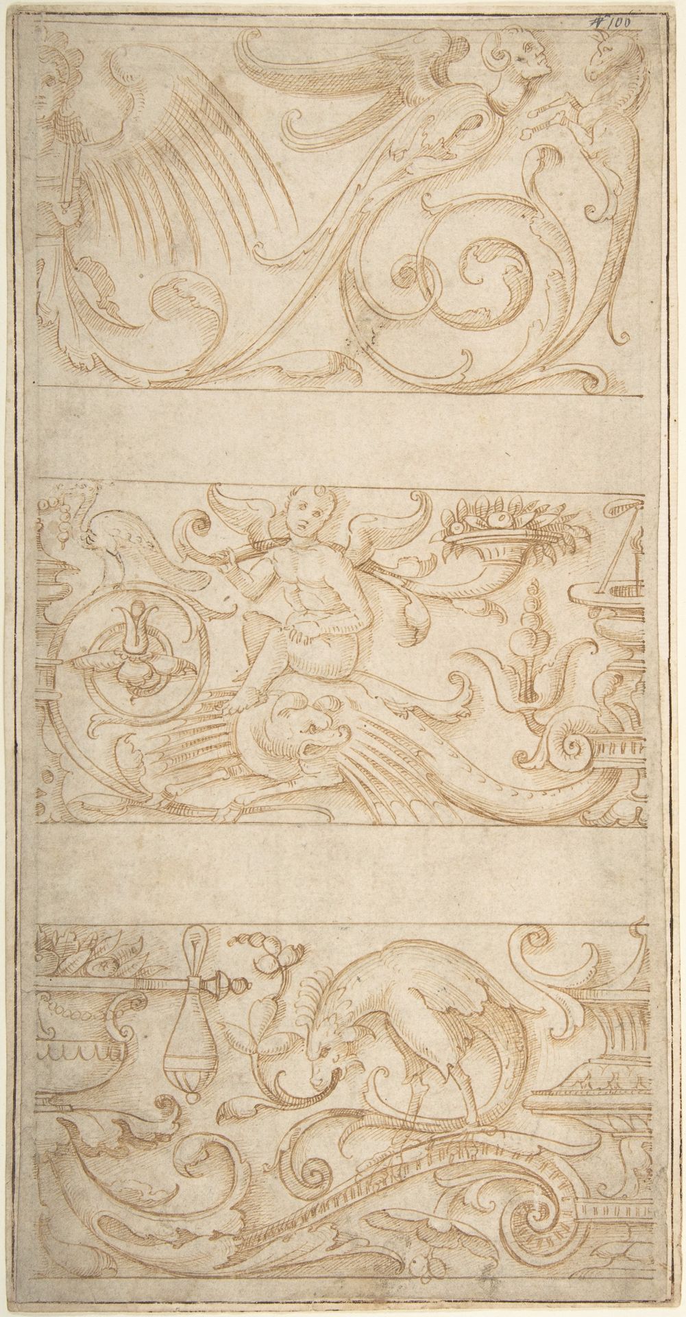 Antique-Style Ornamental Frieze Designs: Grotesques with Winged Infant, Masks, and Fantastic Animals by Anonymous