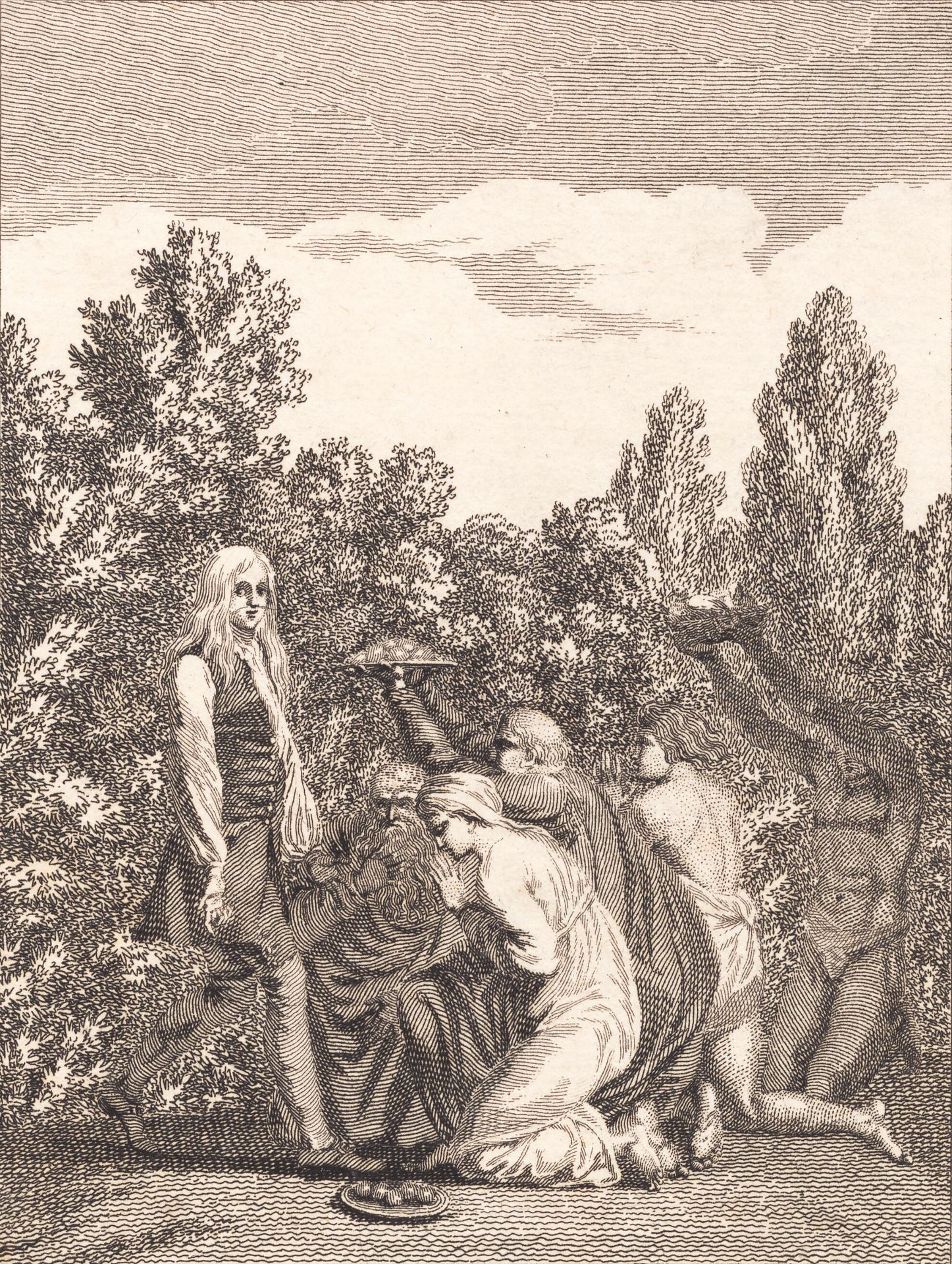 Niels Klim hyldes af Qvamiterne, der bringer ham gaver og knæler for ham by J.F. Clemens