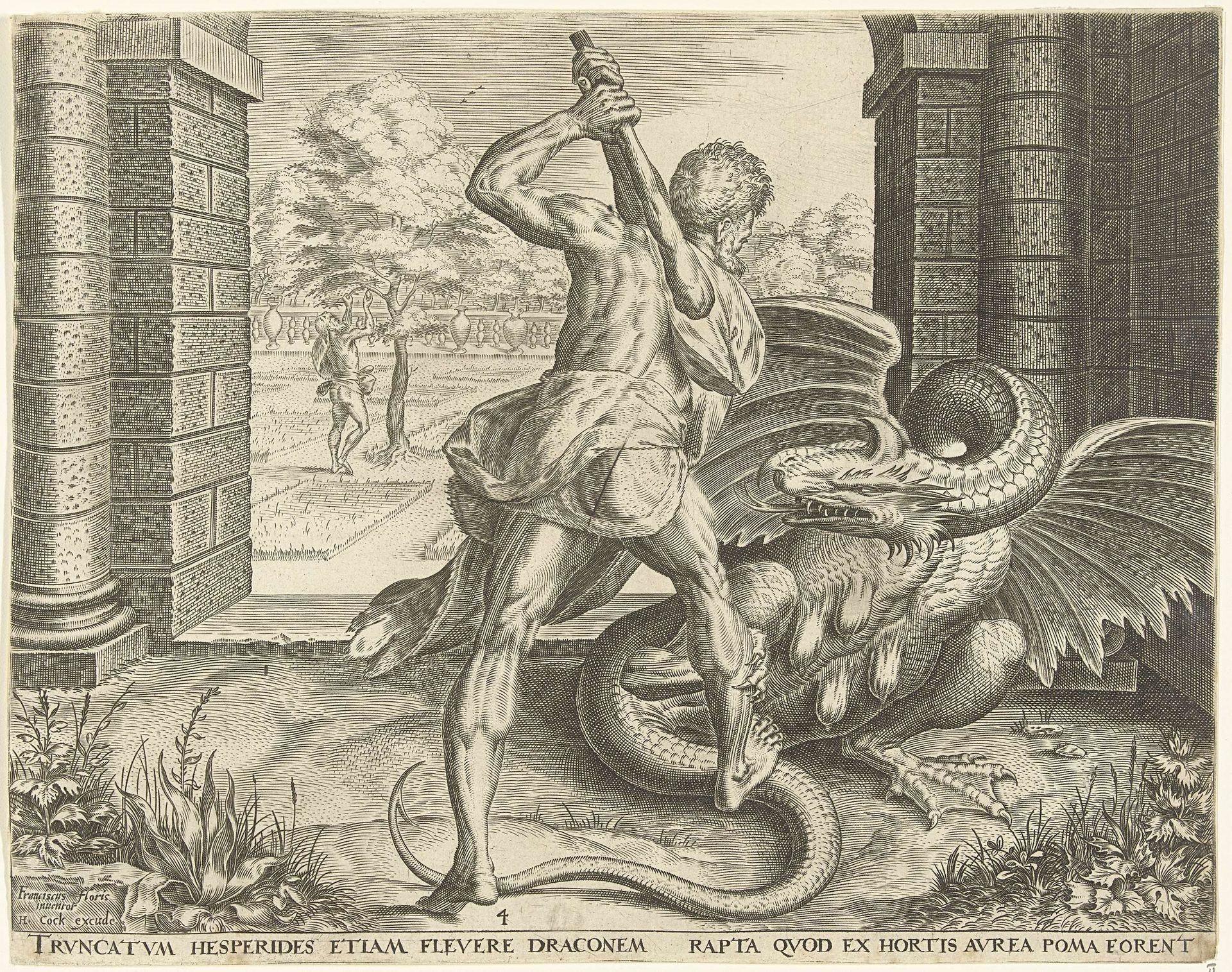 Hercules steelt de gouden appelen van de Hesperiden by Cornelis Cort