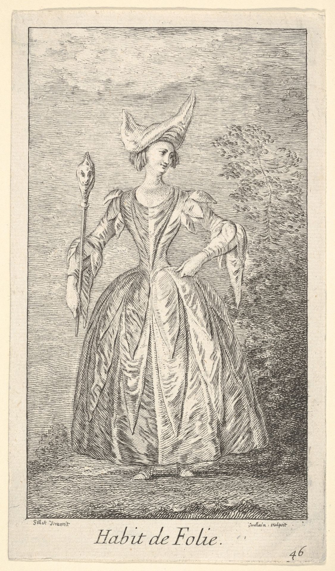 Plate 46: Habit de Folie: a woman in a ballet pose, wearing a bonnet and holding a marotte in her right hand,  from 'New designs for costumes' (Nouveaux desseins d'habillements à l'usage des balets operas et comedies) by Claude Gillot