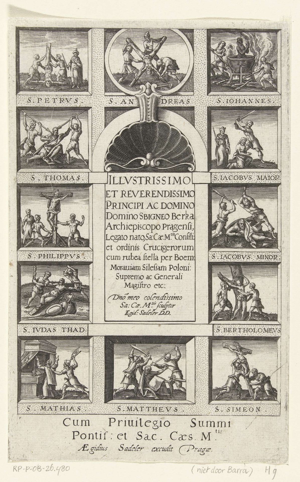 Twaalf scènes met martelaarschap van apostelen in rechthoekige omlijsting met architectuur ornamenten by Anonymous