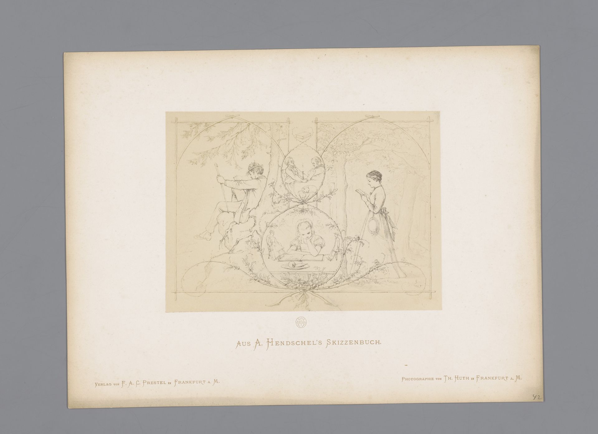 Fotoreproductie van een schets van verschillende lezende figuren door Albert Hendschel by Theodor Huth