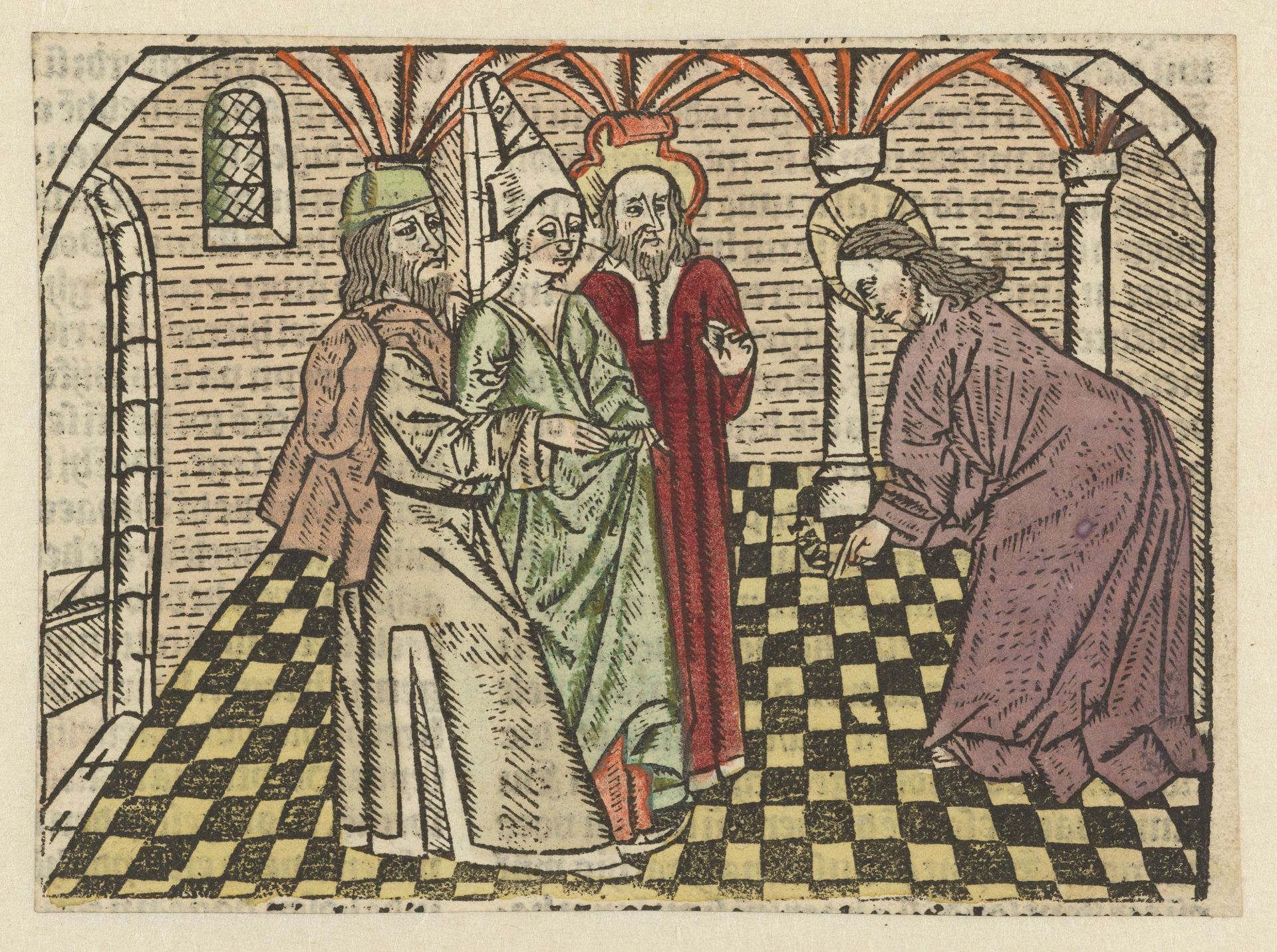 Christus en de overspelige vrouw by Meester van Antwerpen (I)