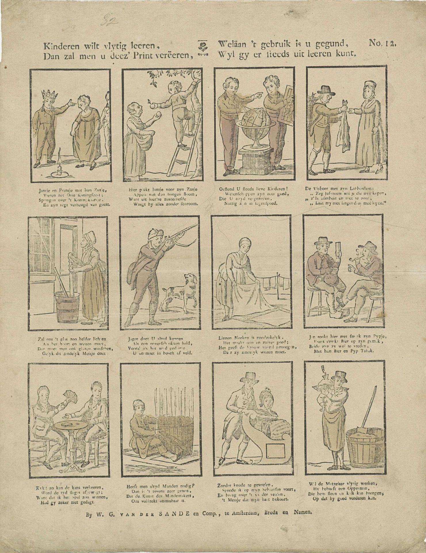 Kinderen wilt vlytig leeren, / Dan zal men u deez' print verëeren, / Weläan 't gebruik is u gegund, / Wyl gy er steeds uit leeren kunt by W. G. van de Sande