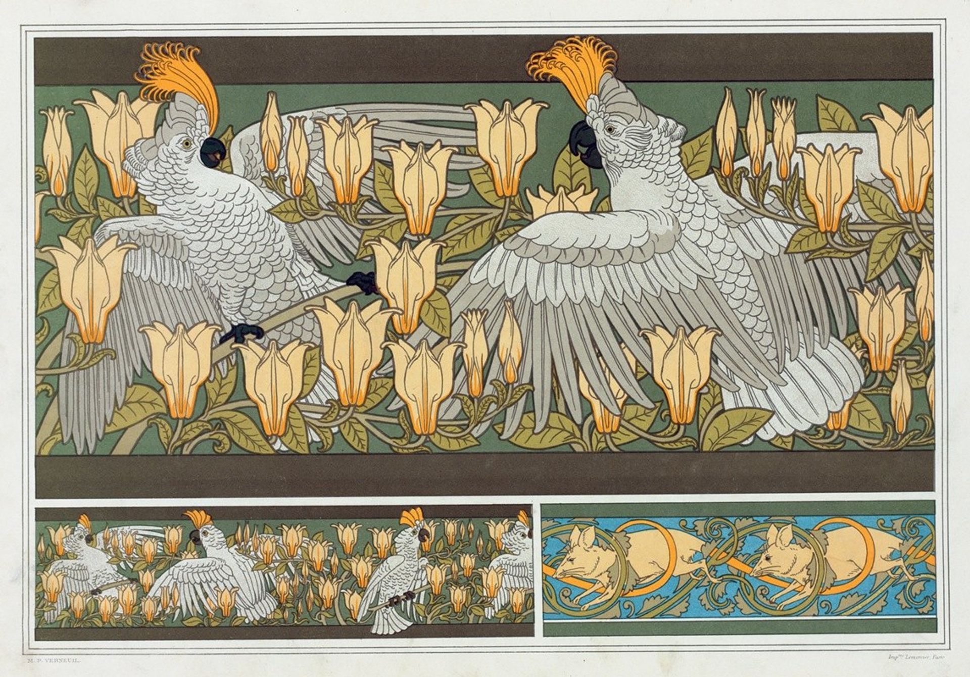 Cacatoës et magnolia, bordure. Souris blanches. by Maurice Pillard Verneuil