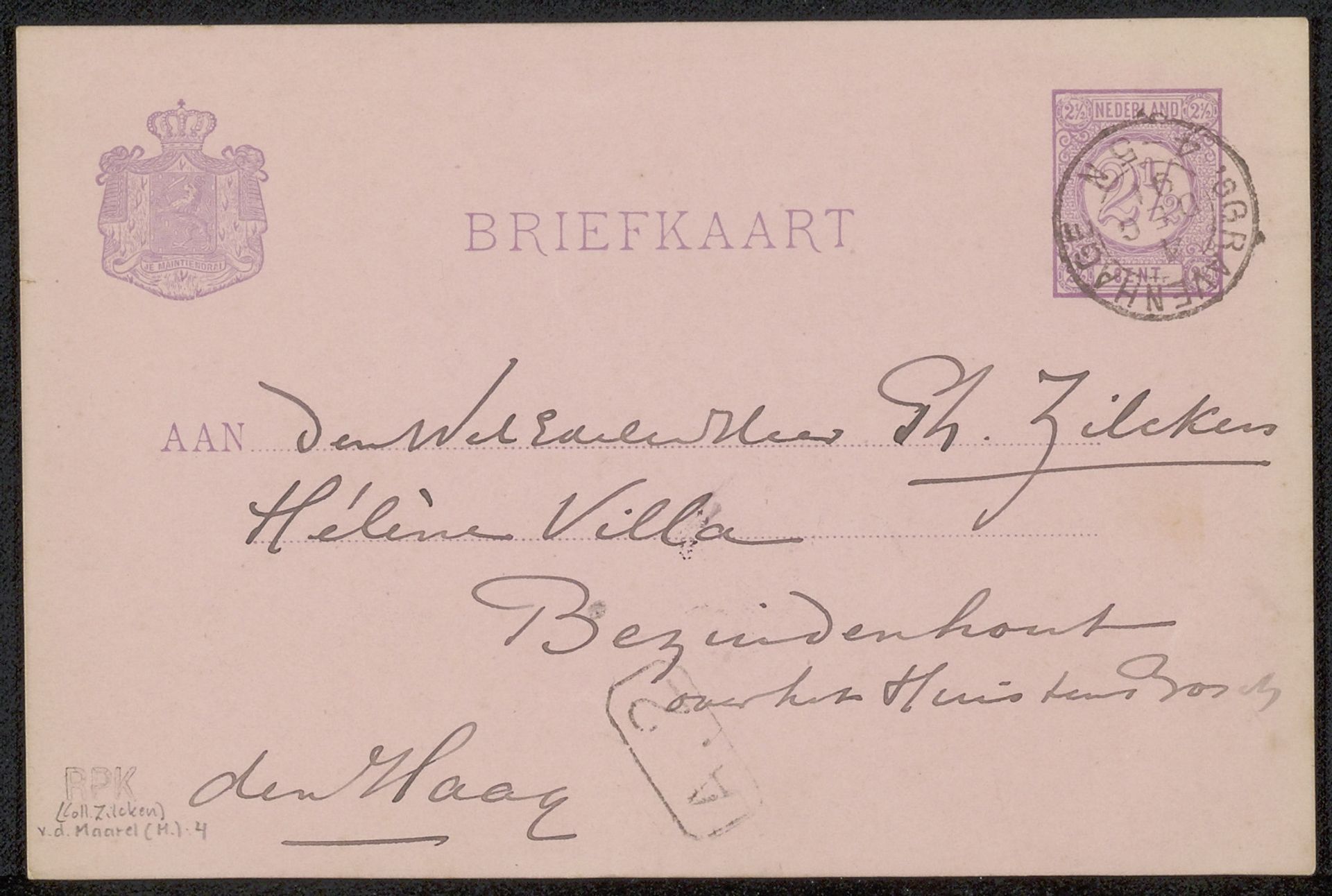 Briefkaart aan Philip Zilcken by Marinus van der Maarel