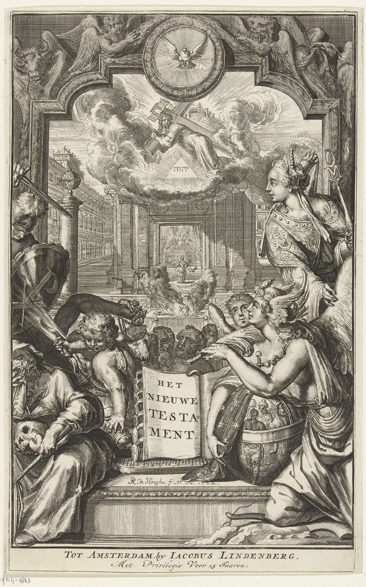 Titelprent nieuwe testament by Romeyn de Hooghe