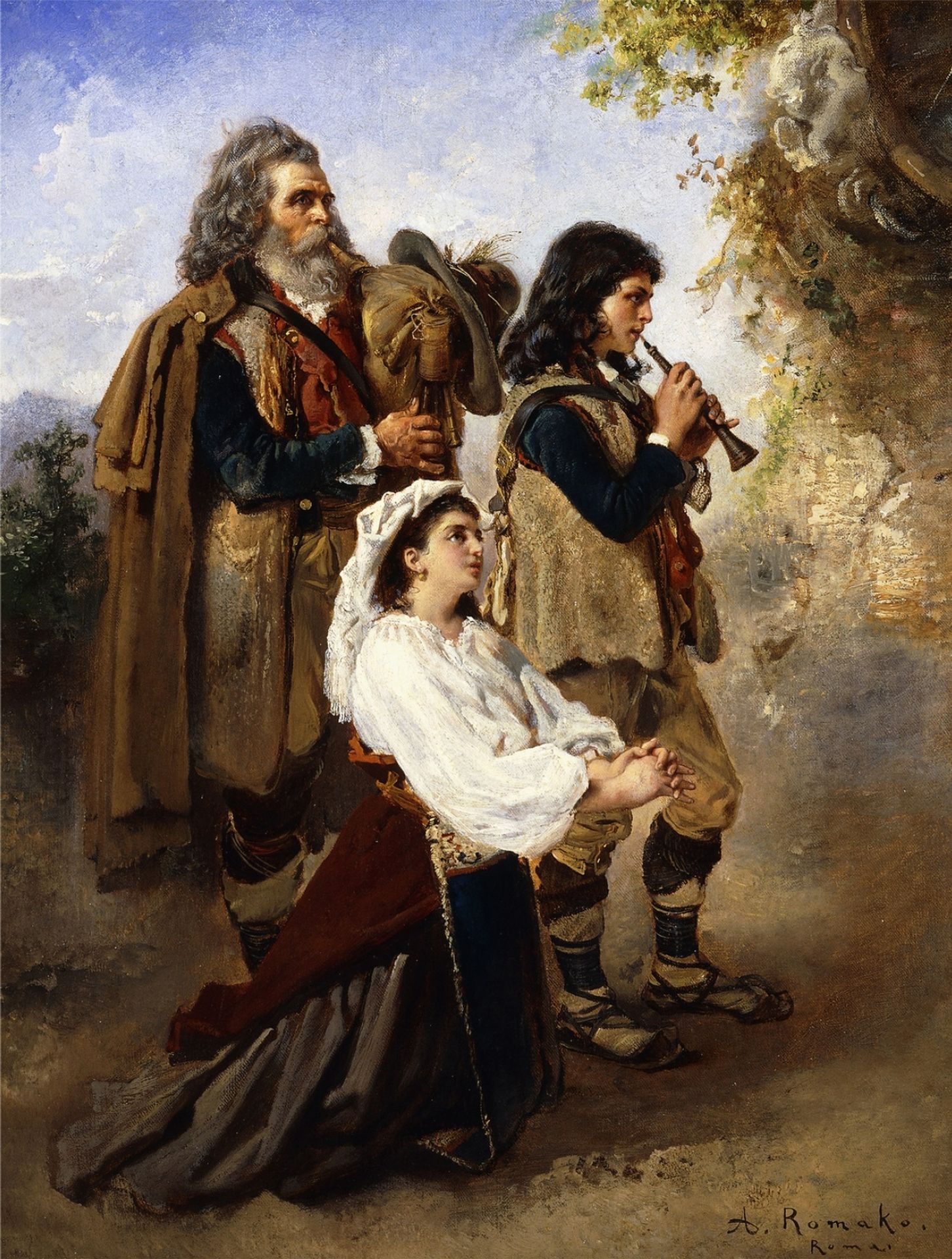 Pifferari in front of an altar by Anton Romako